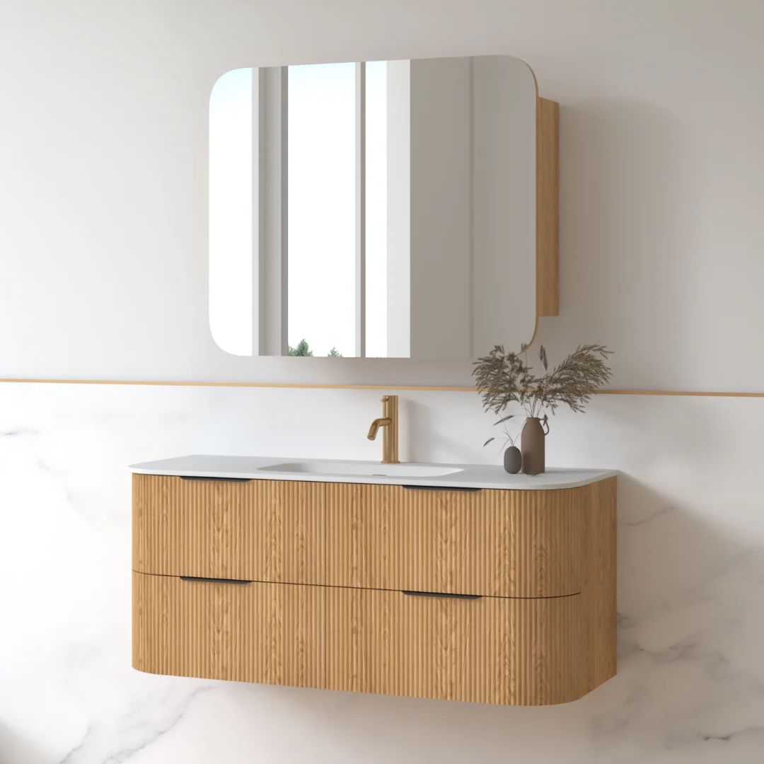 Lunara 1200 Curved Light Walnut Fluted Wall Hung Vanity - Image 4