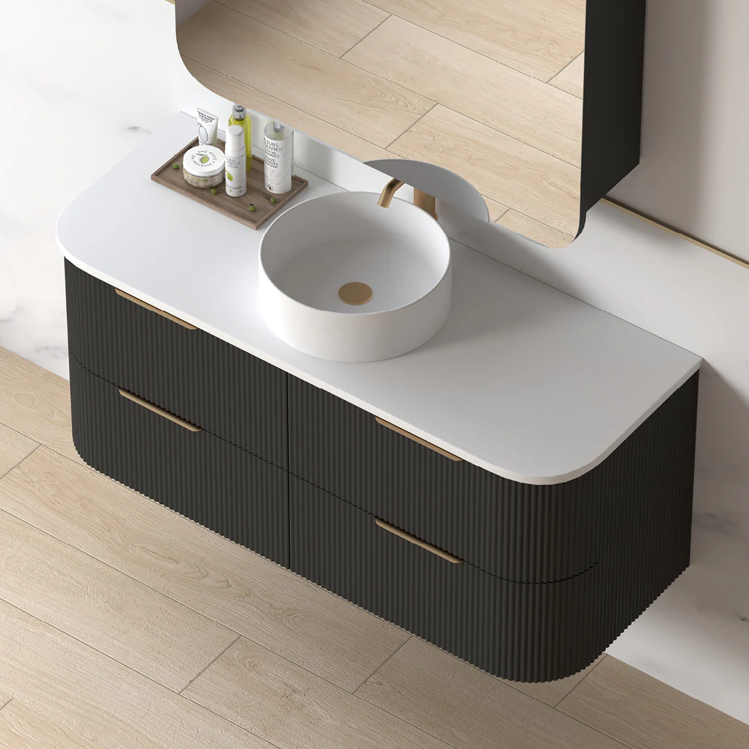 Lunara 1200 Curved Matte Black Fluted Wall Hung Vanity - Image 2