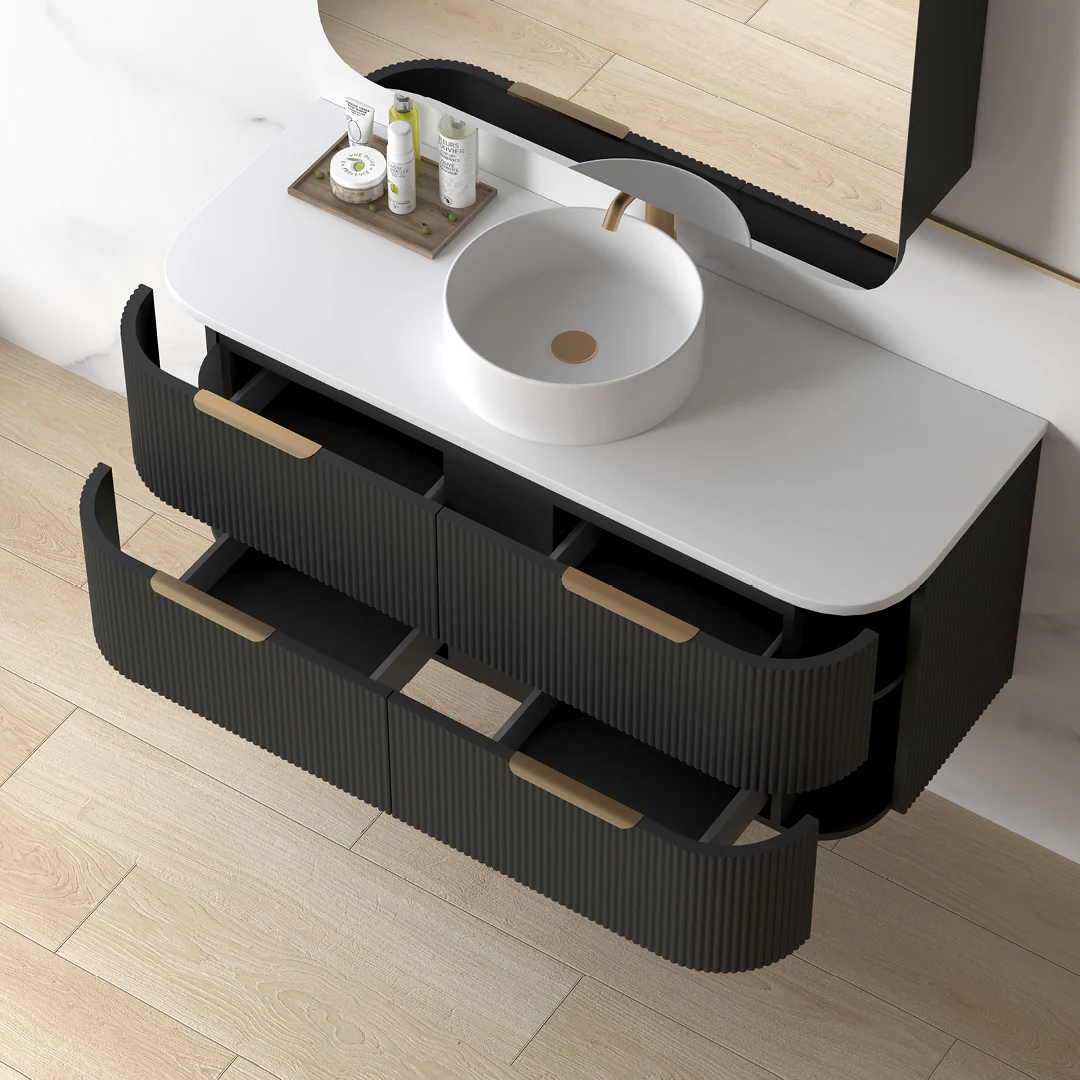 Lunara 1200 Curved Matte Black Fluted Wall Hung Vanity - Image 3