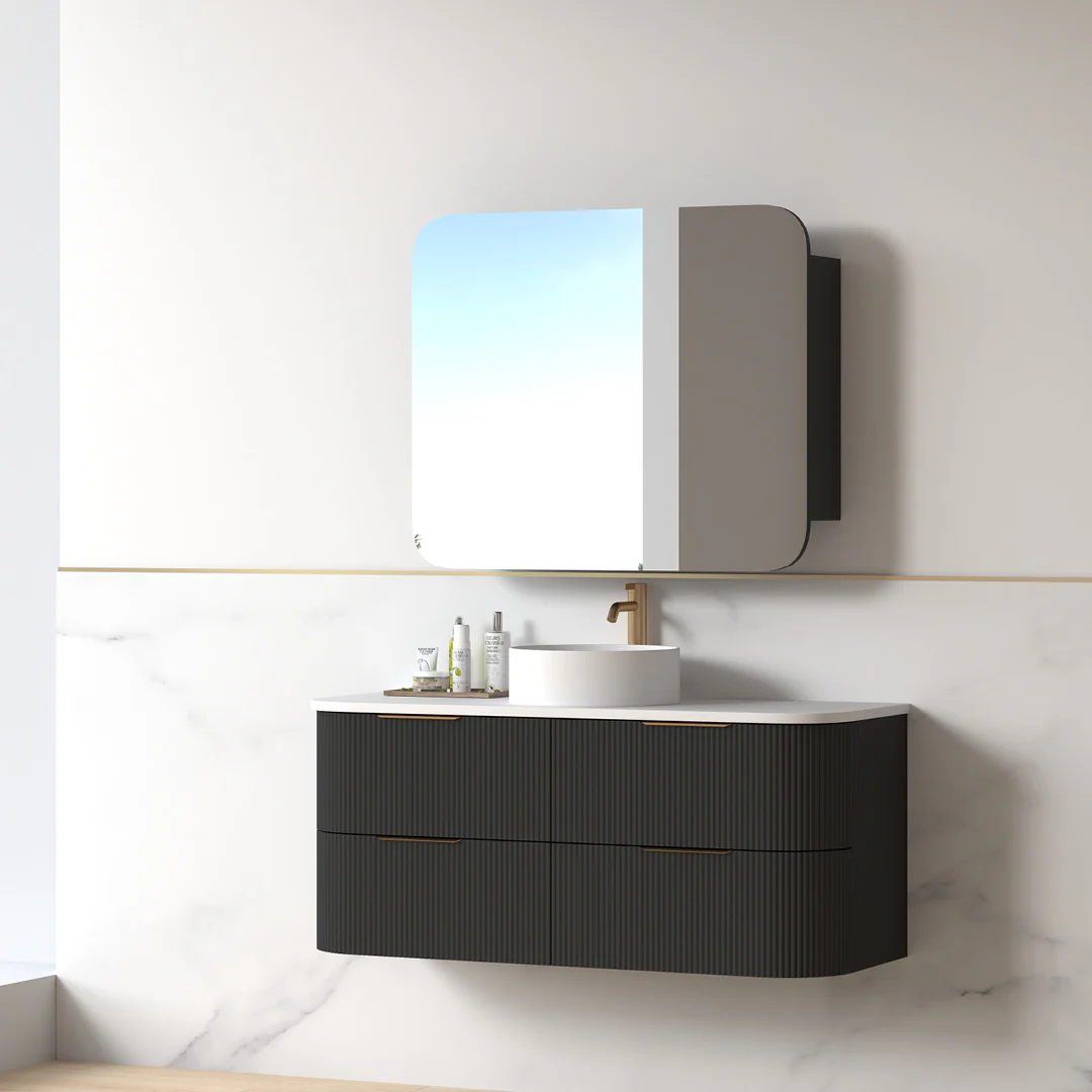 Lunara 1200 Curved Matte Black Fluted Wall Hung Vanity - Image 4
