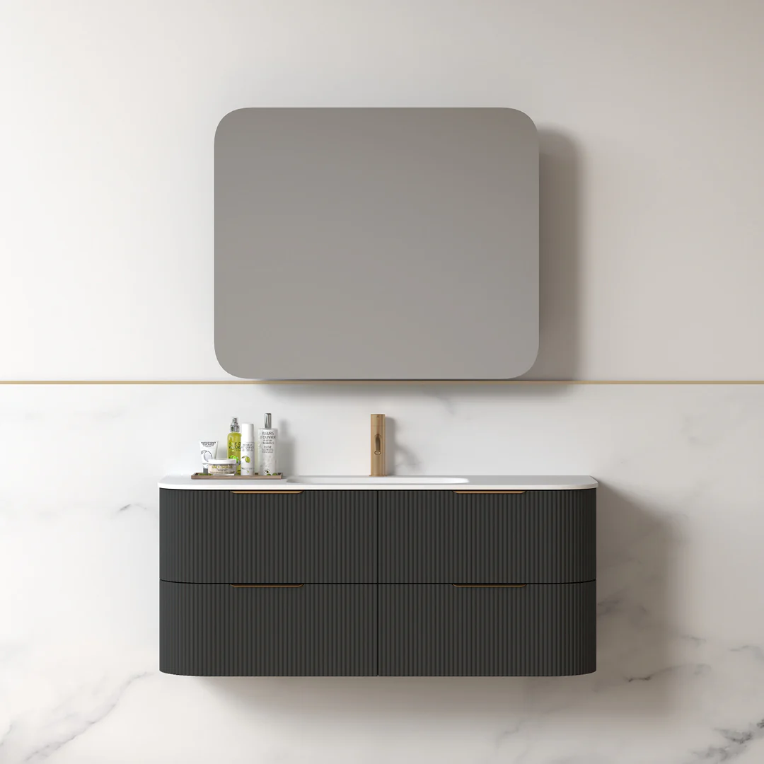 Lunara 1200 Curved Matte Black Fluted Wall Hung Vanity - Image 5