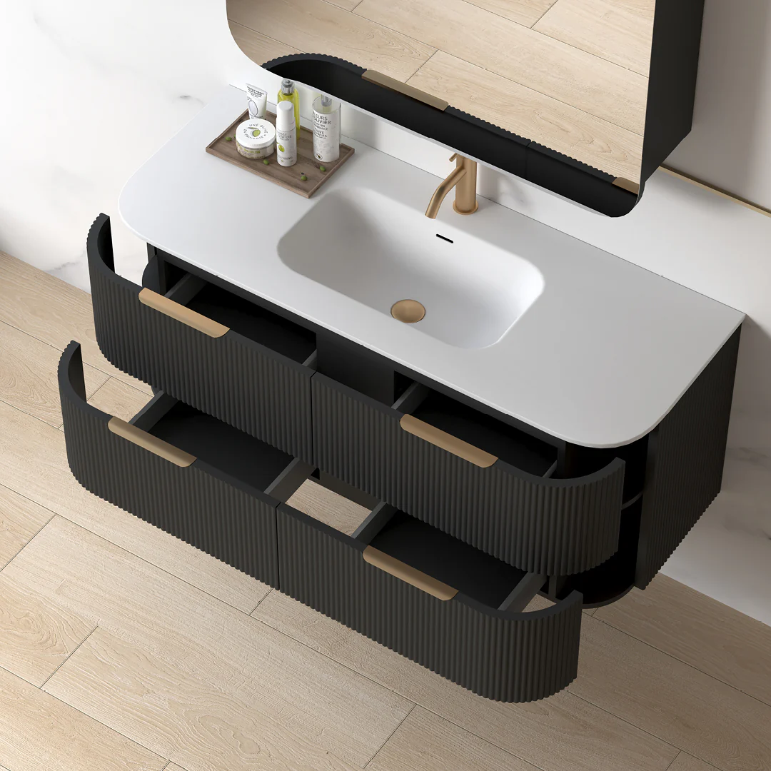 Lunara 1200 Curved Matte Black Fluted Wall Hung Vanity - Image 6