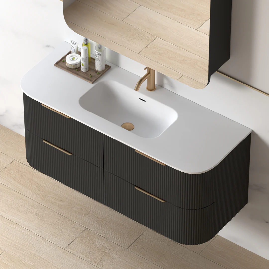 Lunara 1200 Curved Matte Black Fluted Wall Hung Vanity - Image 7
