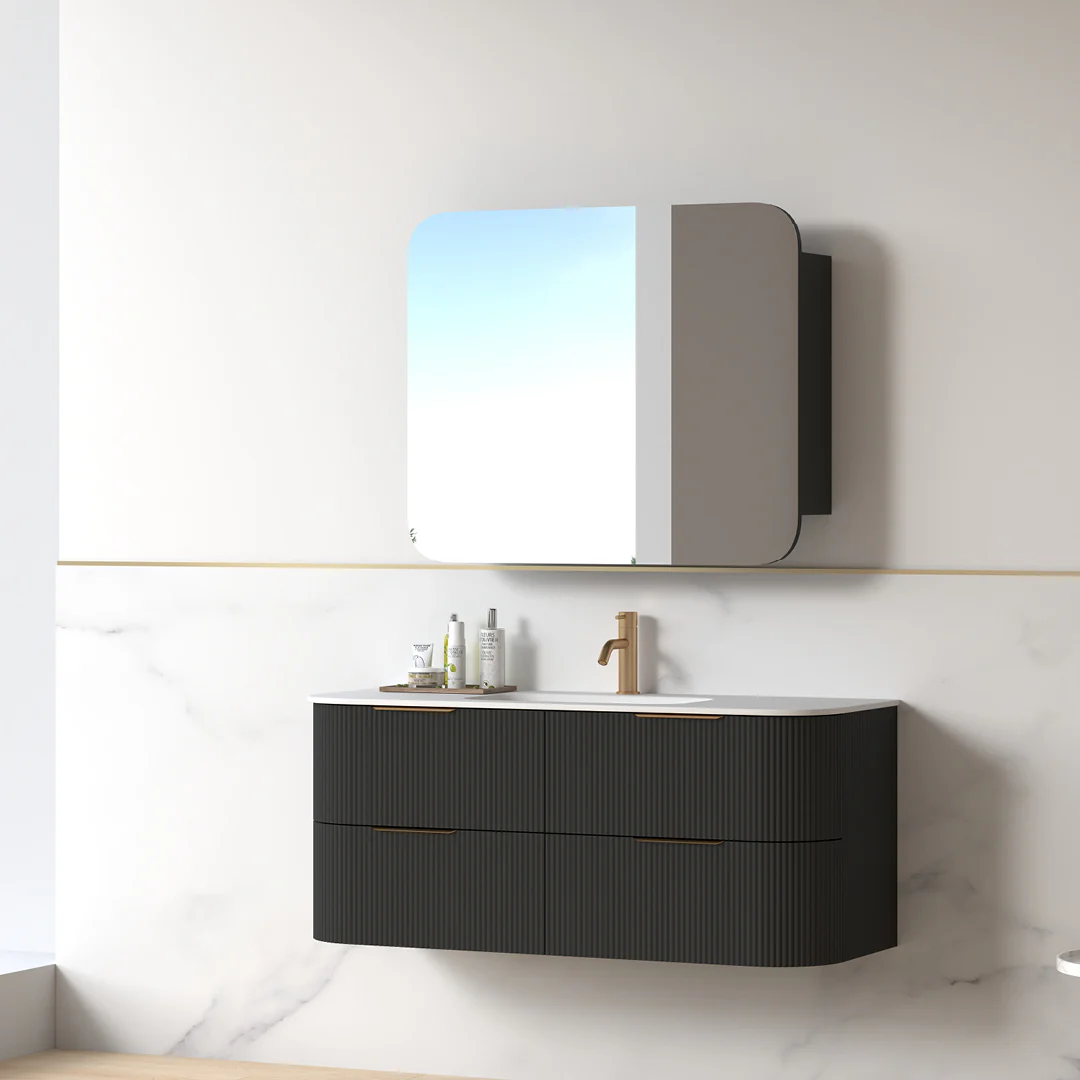 Lunara 1200 Curved Matte Black Fluted Wall Hung Vanity - Image 8