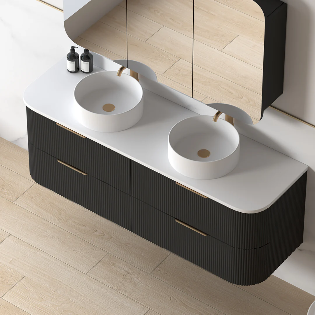 Lunara 1500 Curved Matte Black Fluted Wall Hung Vanity - Image 2