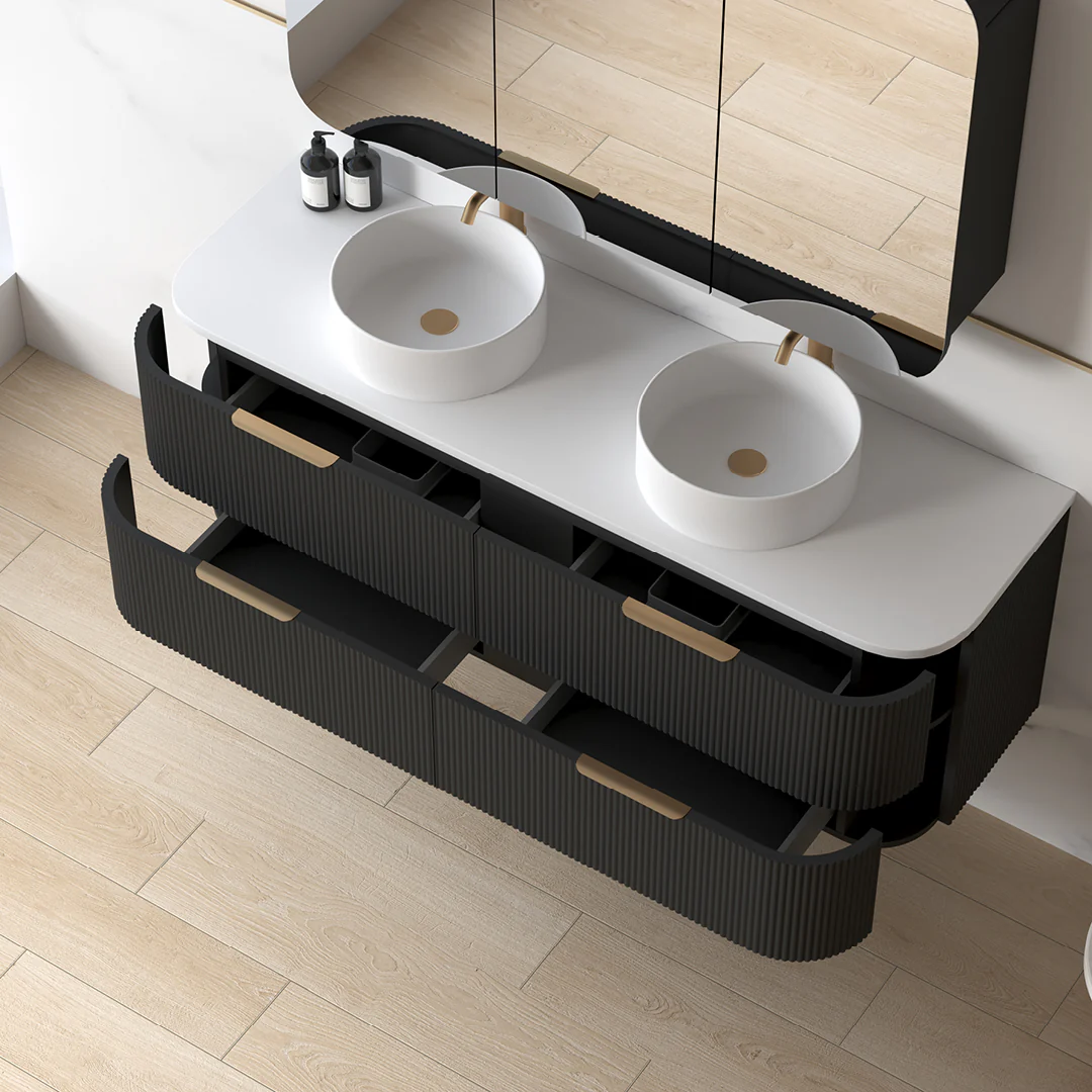 Lunara 1500 Curved Matte Black Fluted Wall Hung Vanity - Image 3