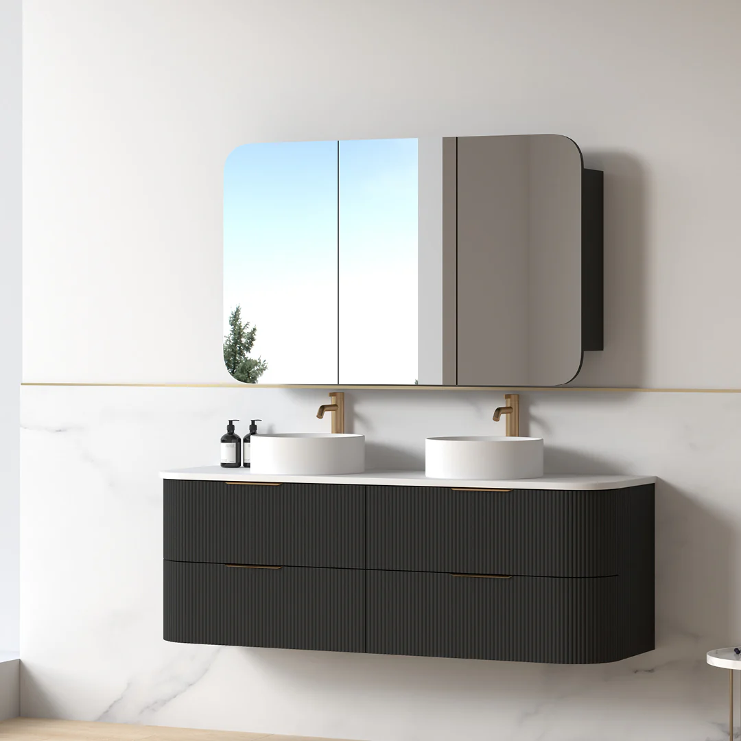 Lunara 1500 Curved Matte Black Fluted Wall Hung Vanity - Image 4