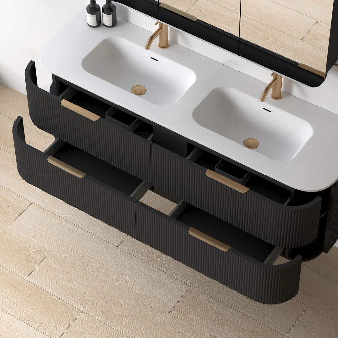 Lunara 1500 Curved Matte Black Fluted Wall Hung Vanity - Image 6