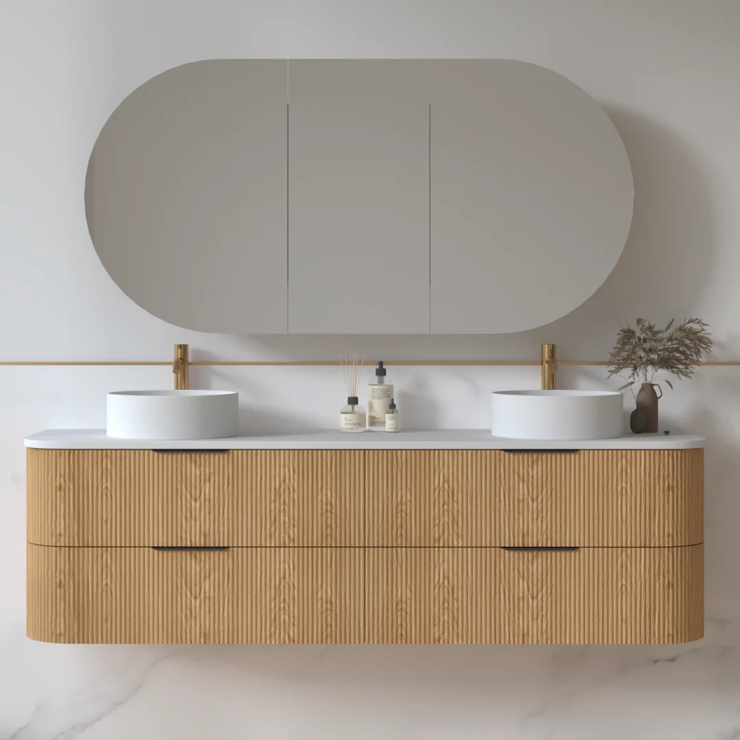 Lunara 1800 Curved Light Walnut Fluted Wall Hung Vanity