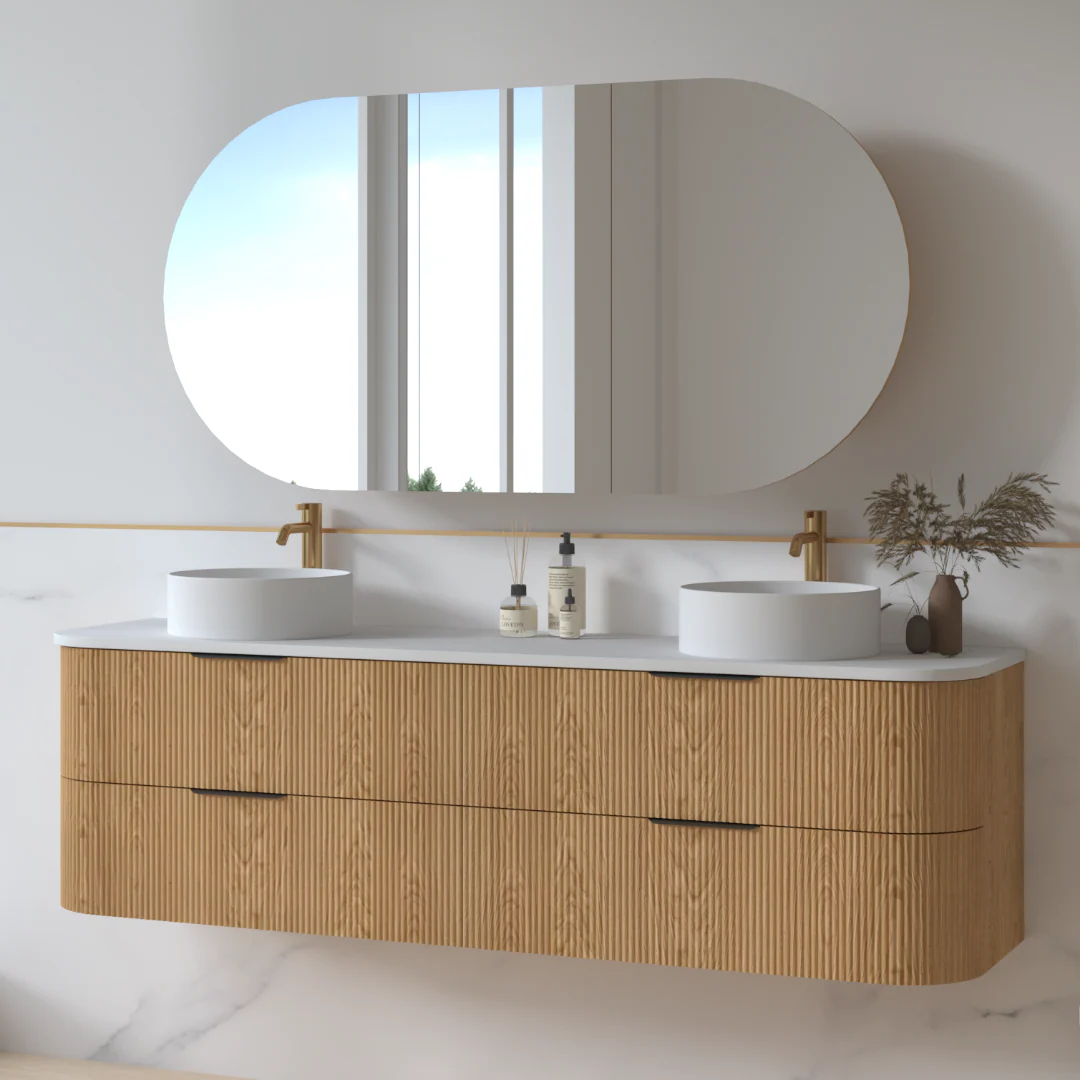 Lunara 1800 Curved Light Walnut Fluted Wall Hung Vanity - Image 2