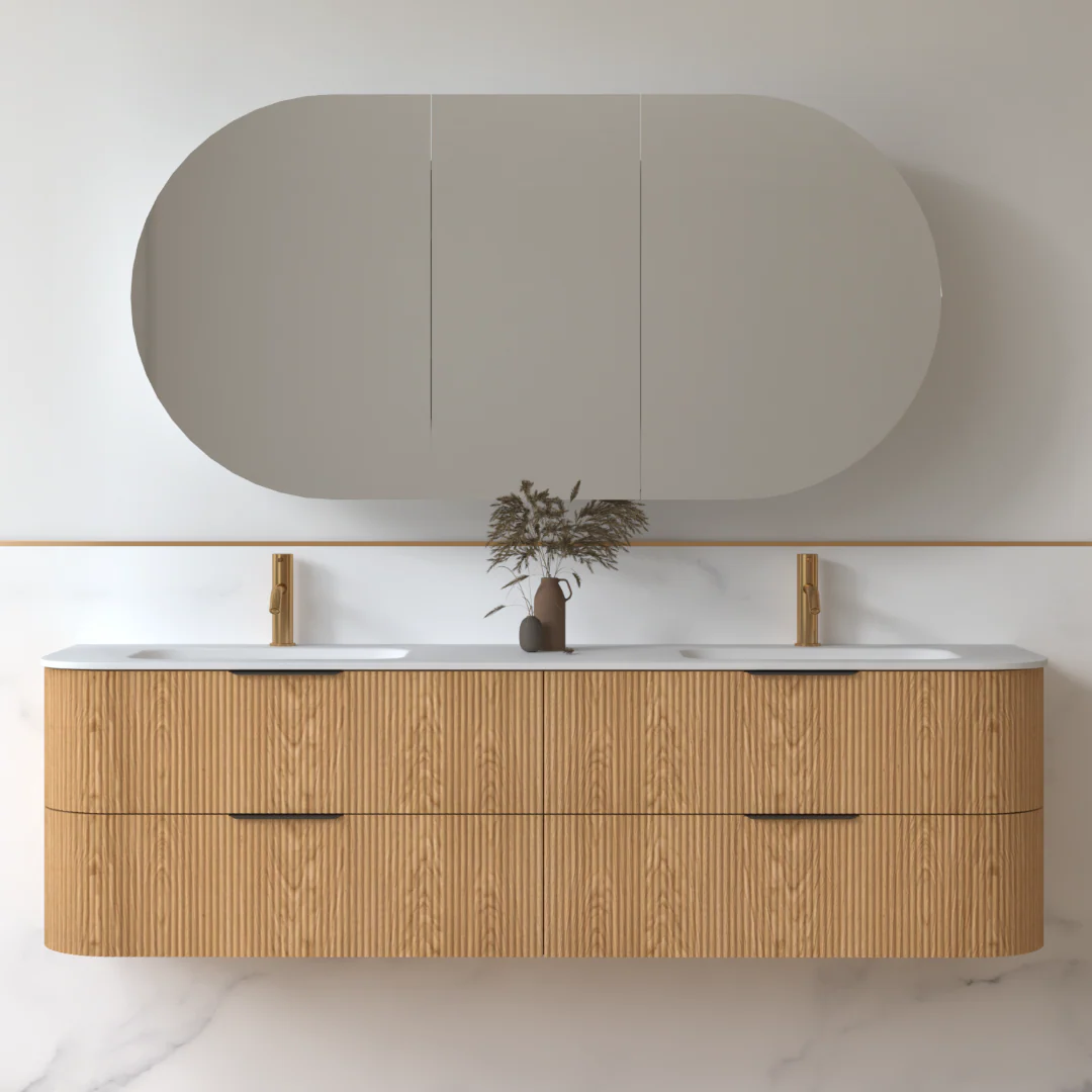 Lunara 1800 Curved Light Walnut Fluted Wall Hung Vanity - Image 3
