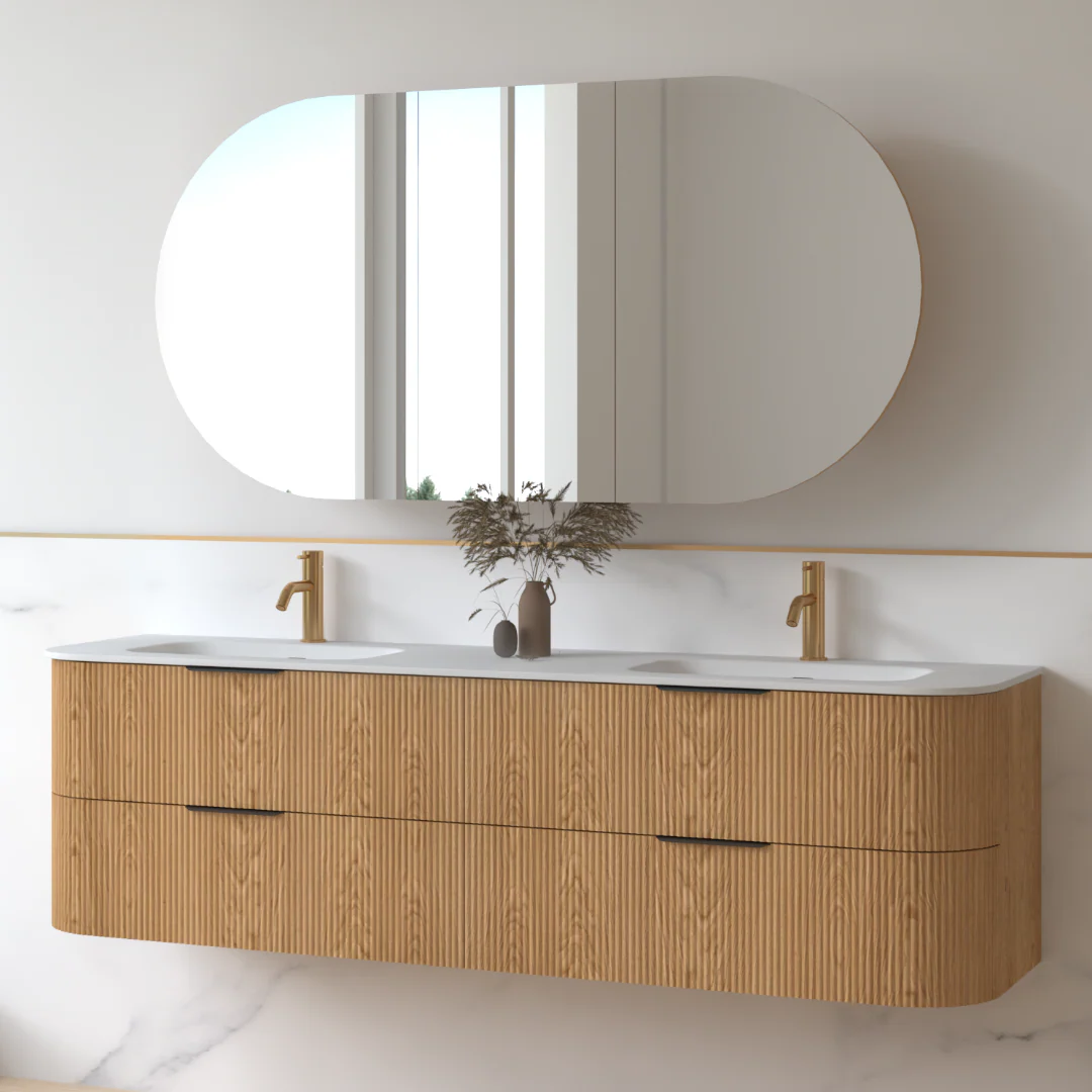 Lunara 1800 Curved Light Walnut Fluted Wall Hung Vanity - Image 4