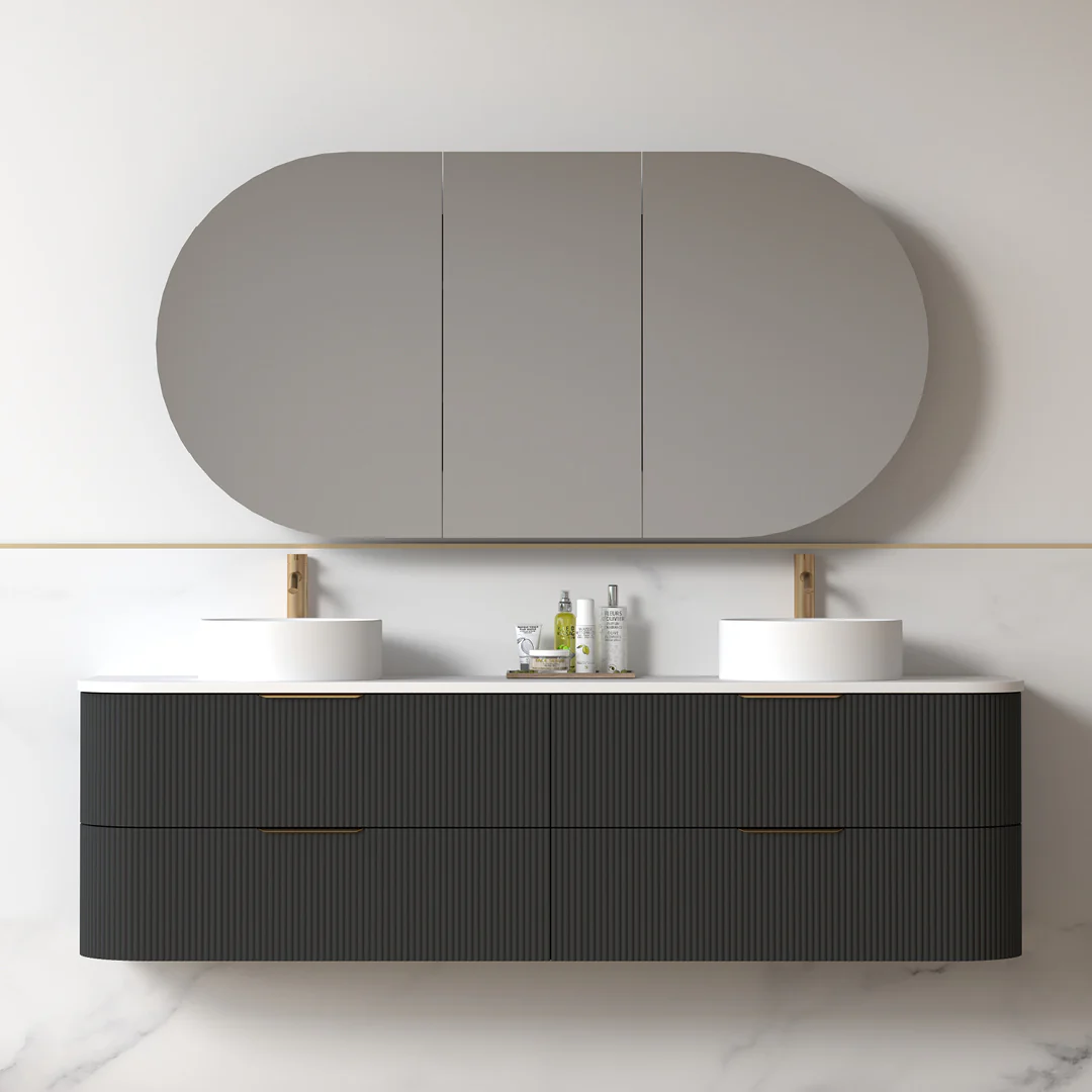 Lunara 1800 Curved Matte Black Fluted Wall Hung Vanity