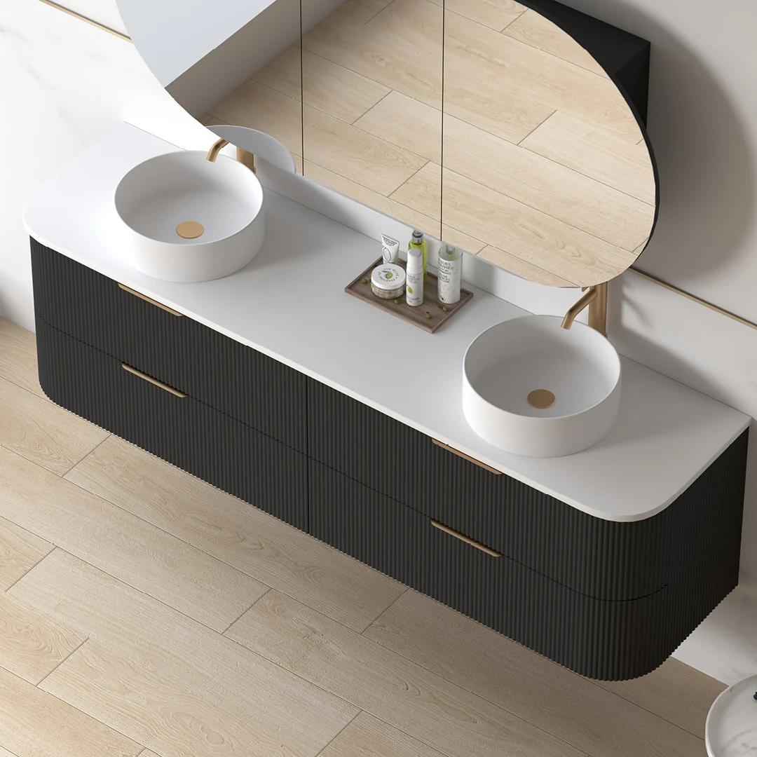 Lunara 1800 Curved Matte Black Fluted Wall Hung Vanity - Image 2