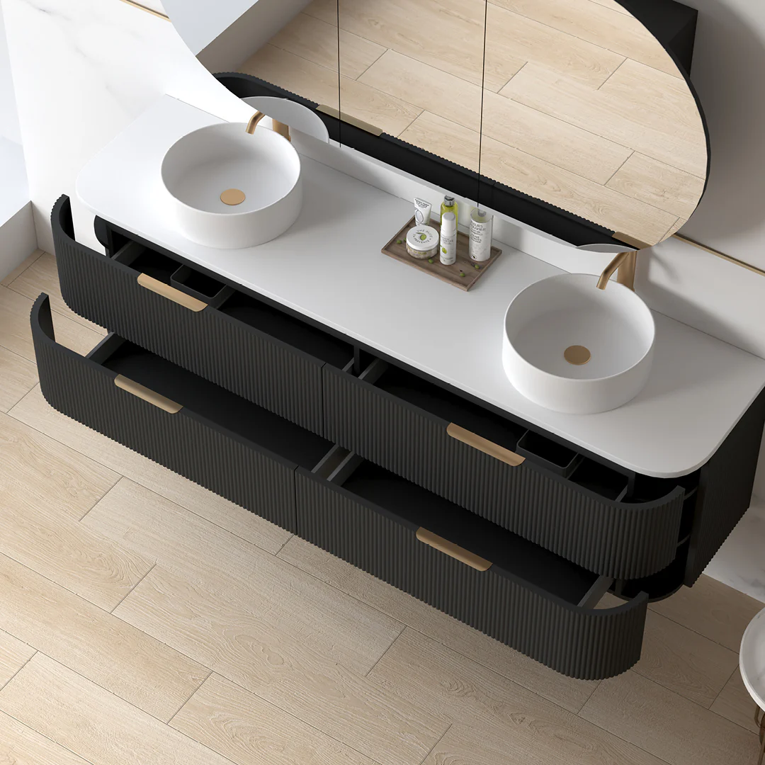Lunara 1800 Curved Matte Black Fluted Wall Hung Vanity - Image 3