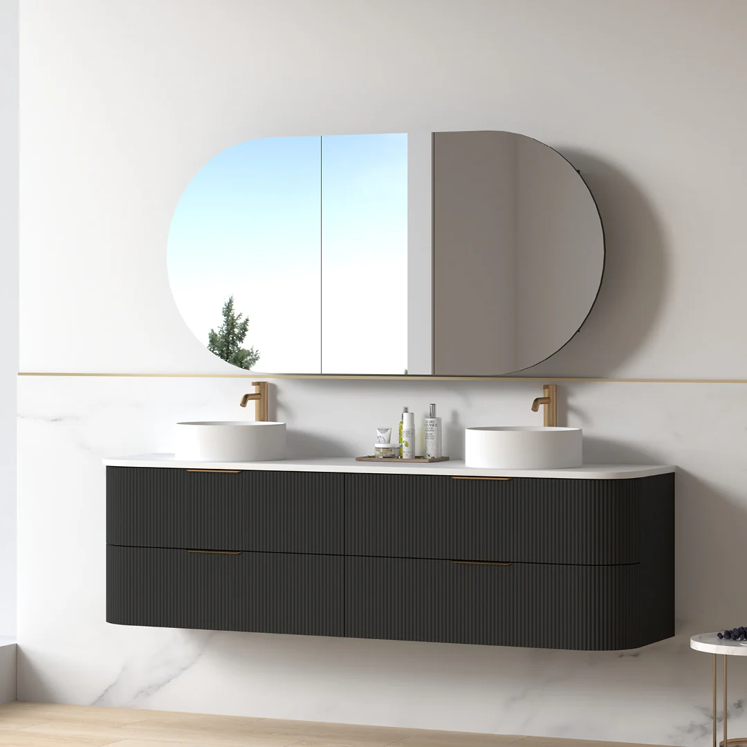 Lunara 1800 Curved Matte Black Fluted Wall Hung Vanity - Image 4
