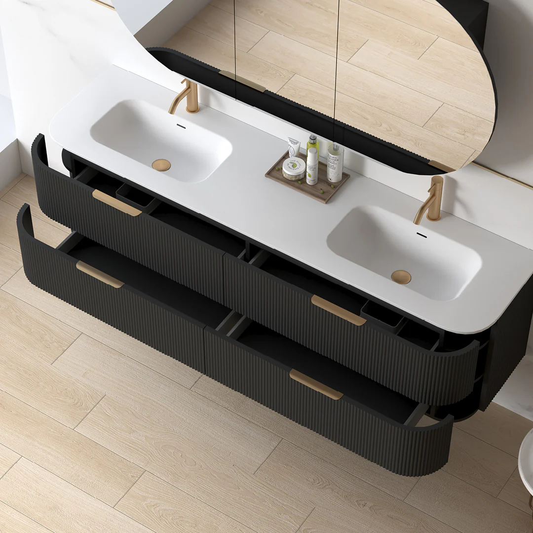 Lunara 1800 Curved Matte Black Fluted Wall Hung Vanity - Image 6