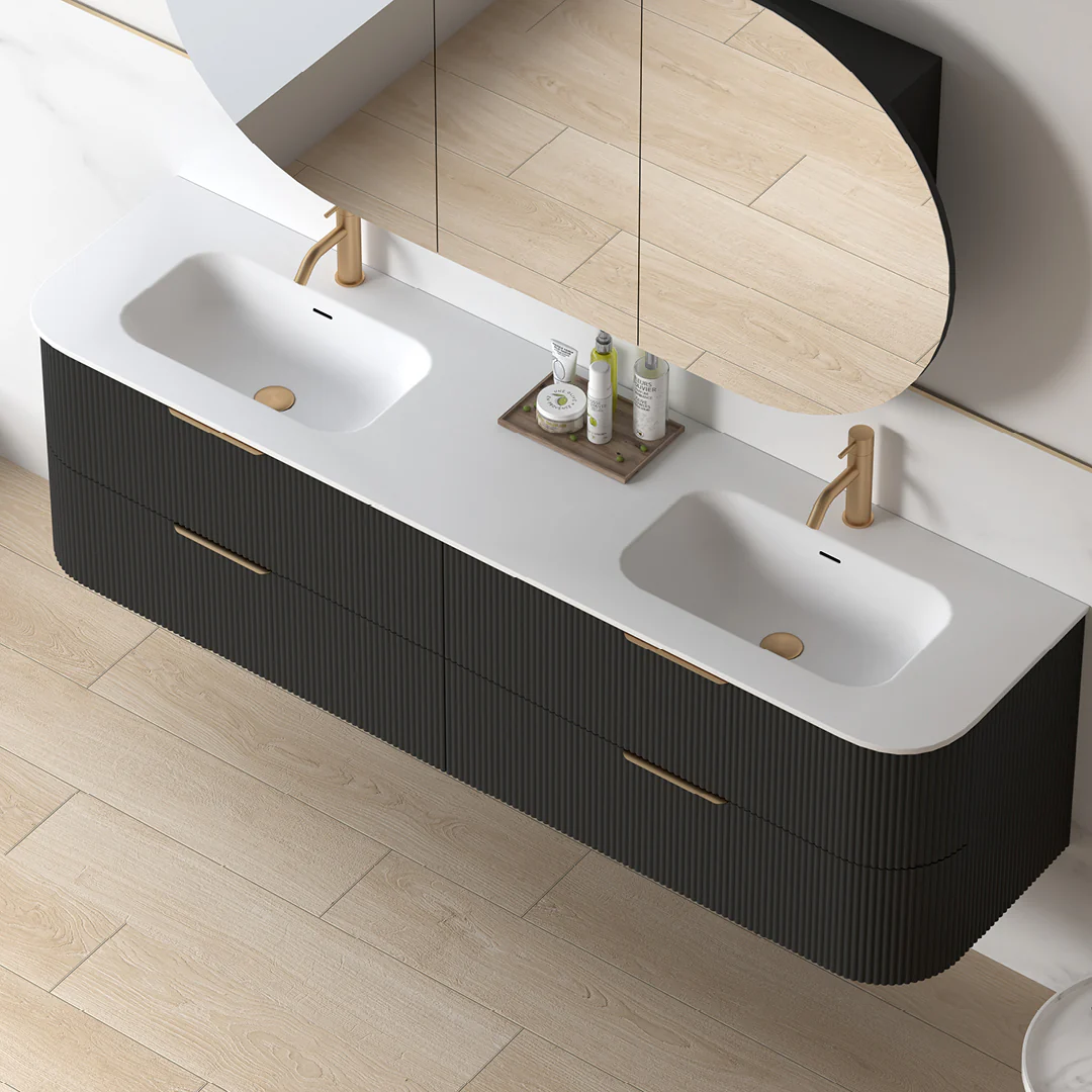 Lunara 1800 Curved Matte Black Fluted Wall Hung Vanity - Image 8