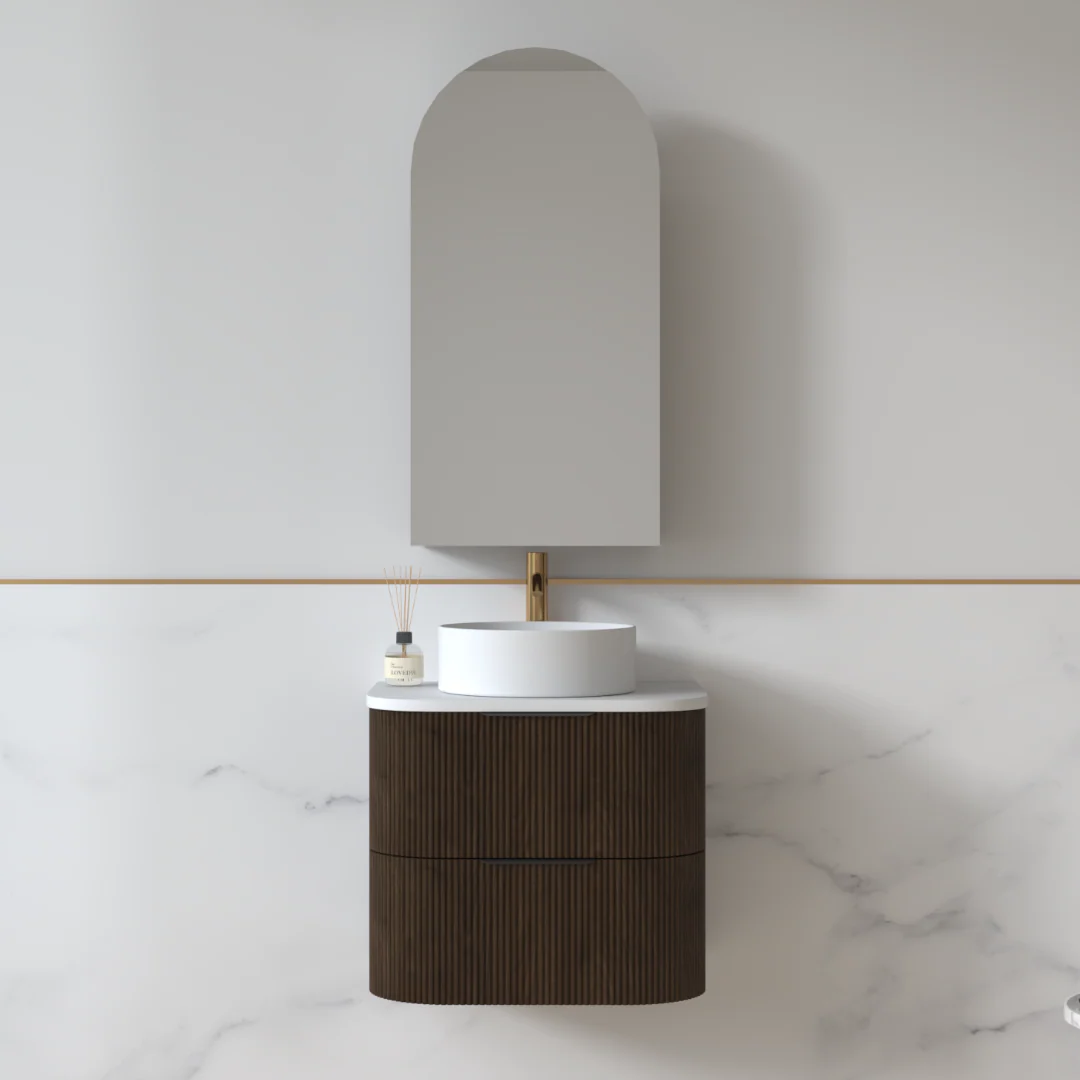 Lunara 600 Curved Alder Walnut Fluted Wall Hung Vanity