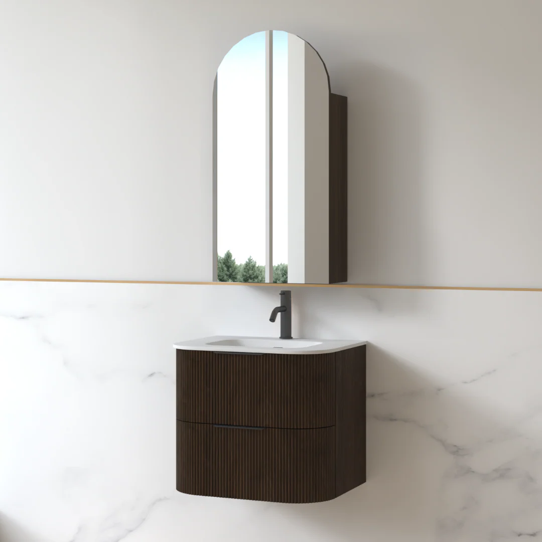Lunara 600 Curved Alder Walnut Fluted Wall Hung Vanity - Image 4
