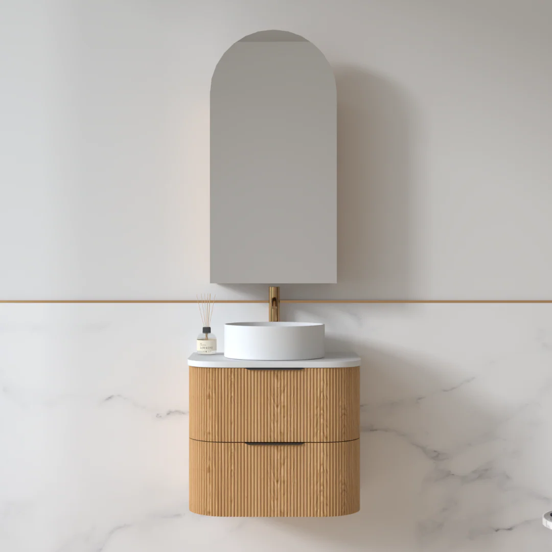 Lunara 600 Curved Light Walnut Fluted Wall Hung Vanity