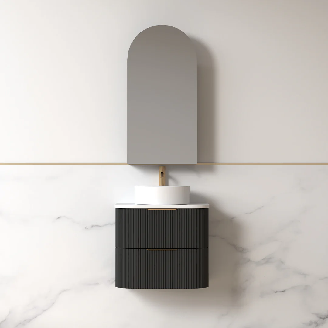 Lunara 600 Curved Matte Black Fluted Wall Hung Vanity