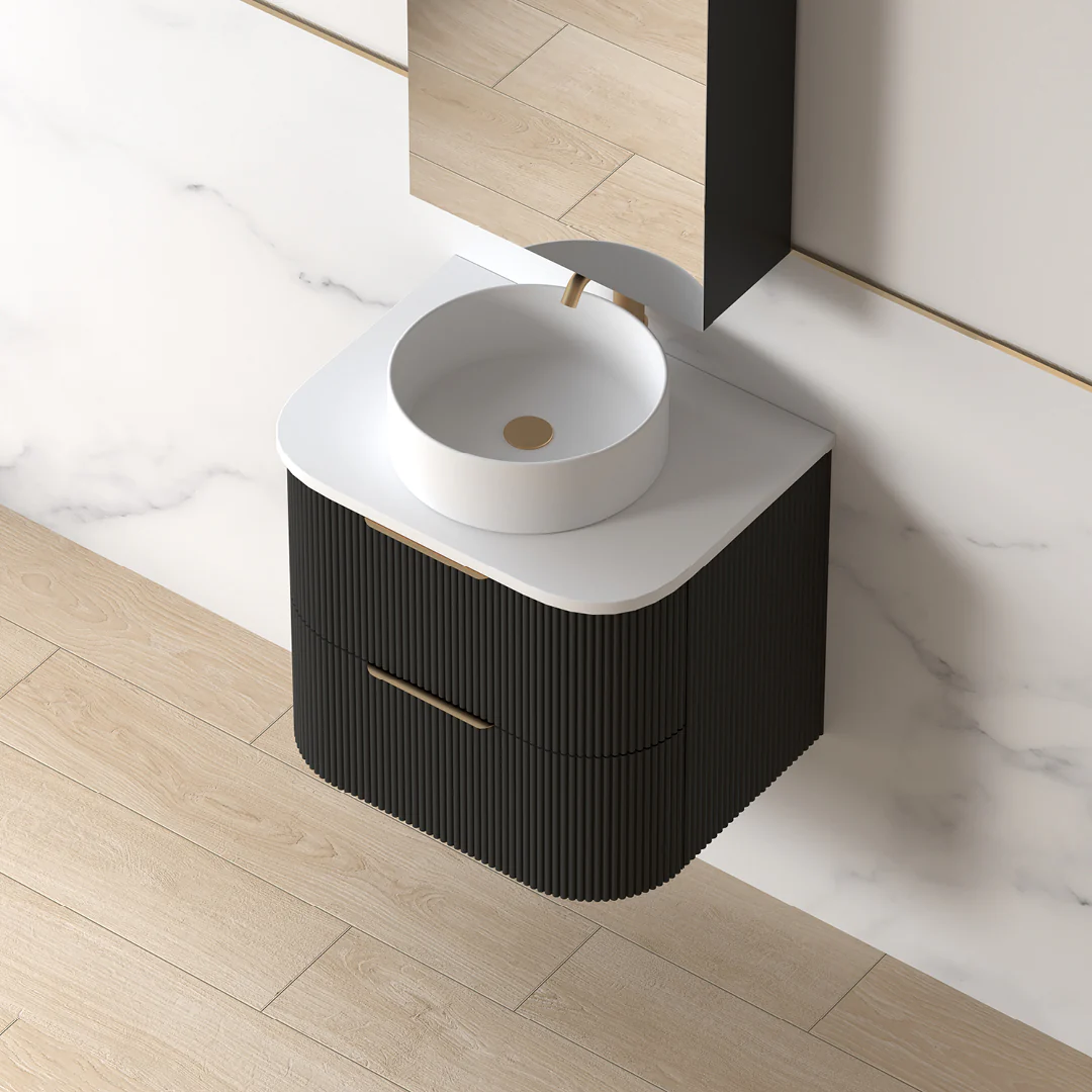 Lunara 600 Curved Matte Black Fluted Wall Hung Vanity - Image 2