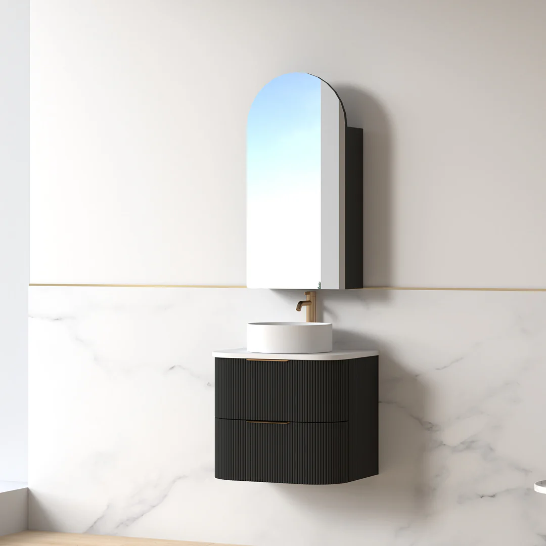 Lunara 600 Curved Matte Black Fluted Wall Hung Vanity - Image 3