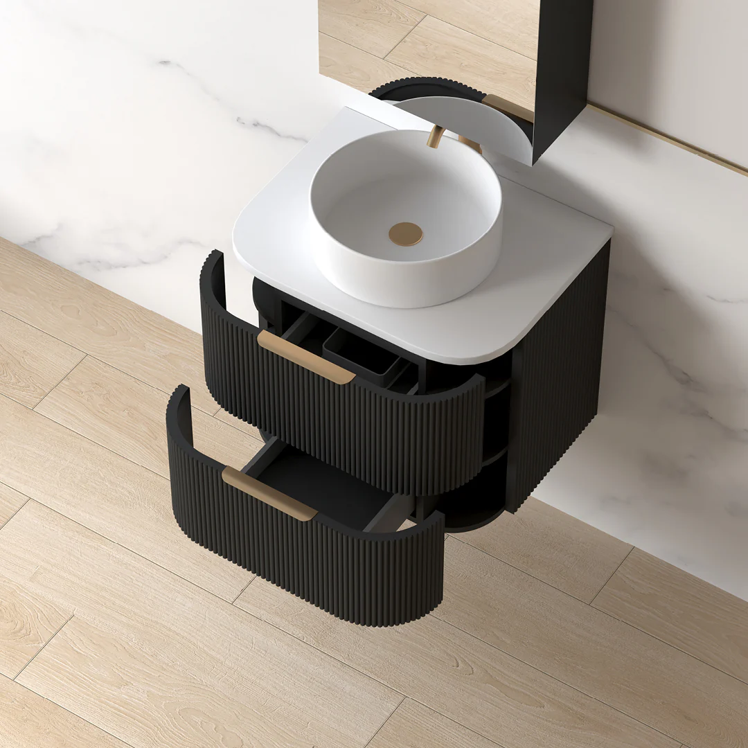 Lunara 600 Curved Matte Black Fluted Wall Hung Vanity - Image 4