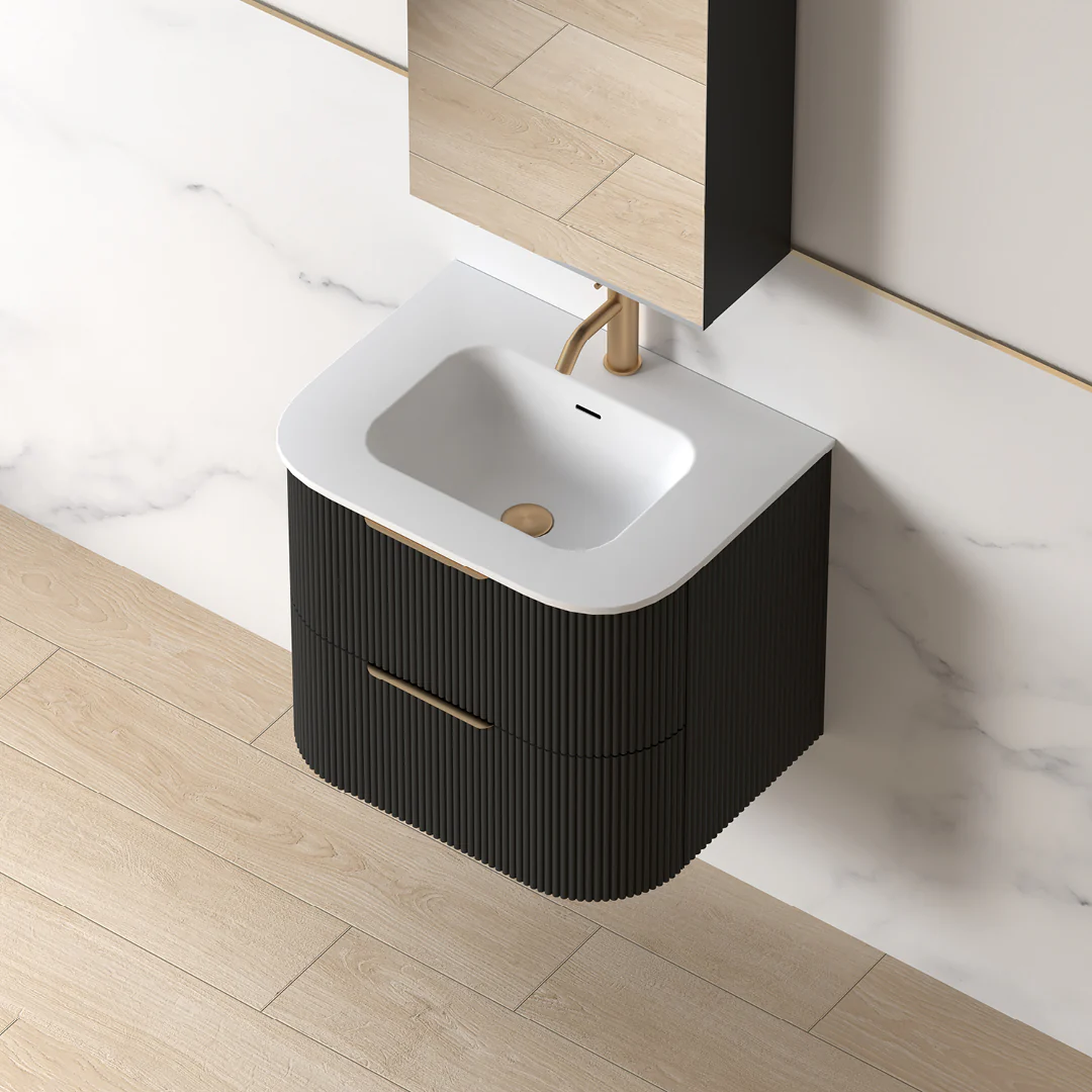 Lunara 600 Curved Matte Black Fluted Wall Hung Vanity - Image 6