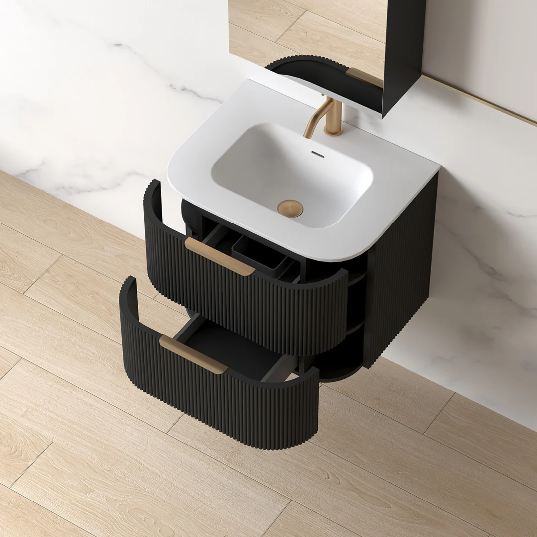 Lunara 600 Curved Matte Black Fluted Wall Hung Vanity - Image 7