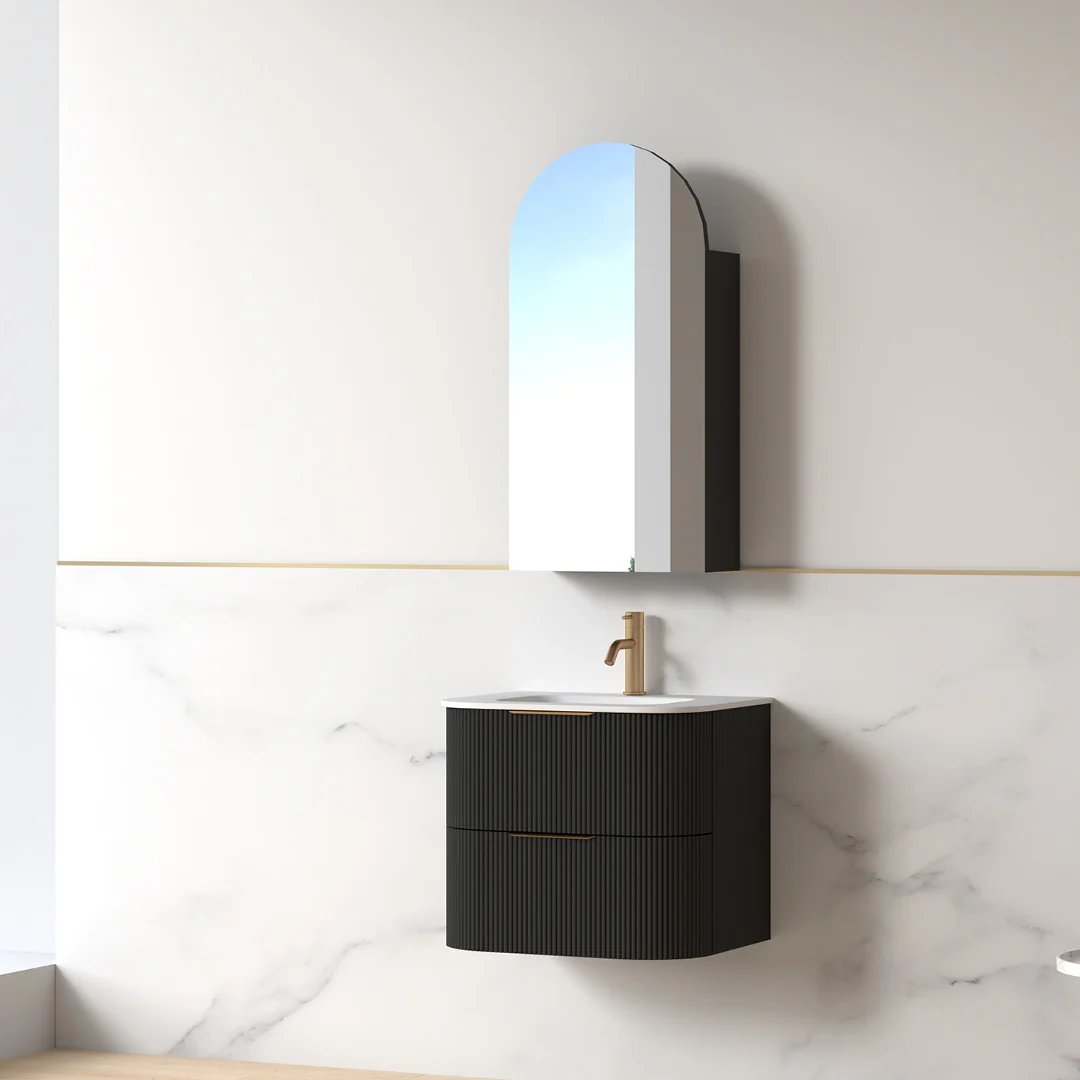 Lunara 600 Curved Matte Black Fluted Wall Hung Vanity - Image 8