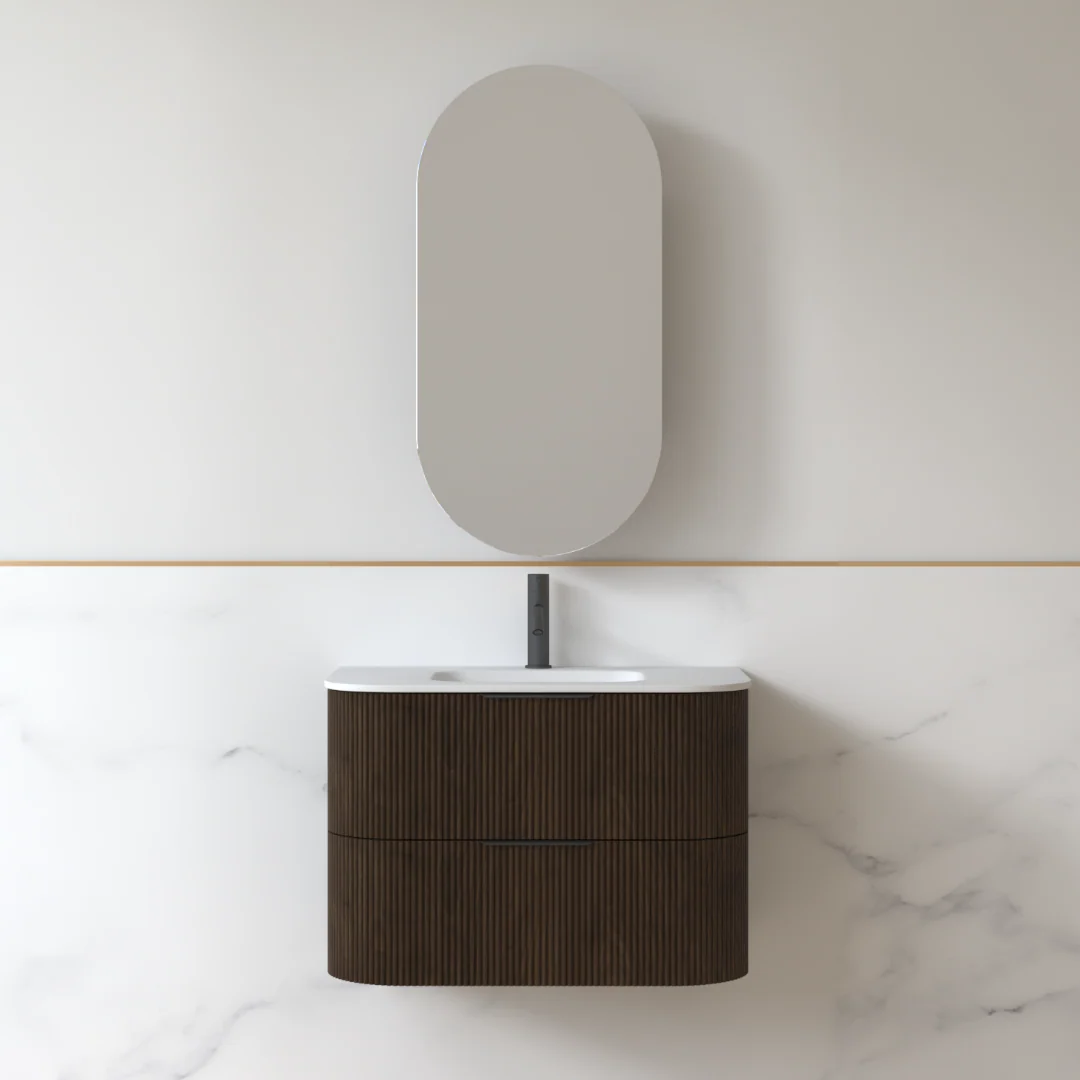 Lunara 750 Curved Alder Walnut Fluted Wall Hung Vanity - Image 3