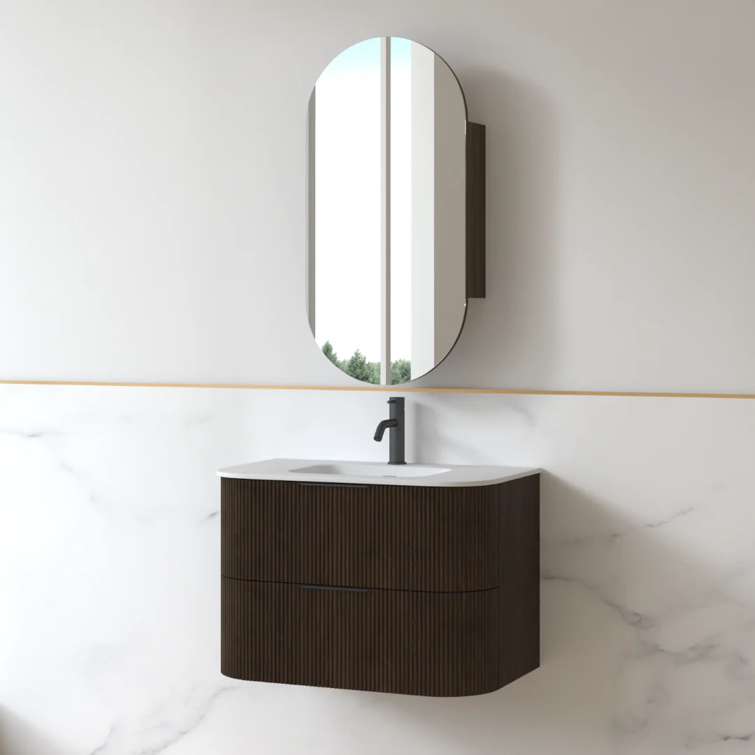 Lunara 750 Curved Alder Walnut Fluted Wall Hung Vanity - Image 4