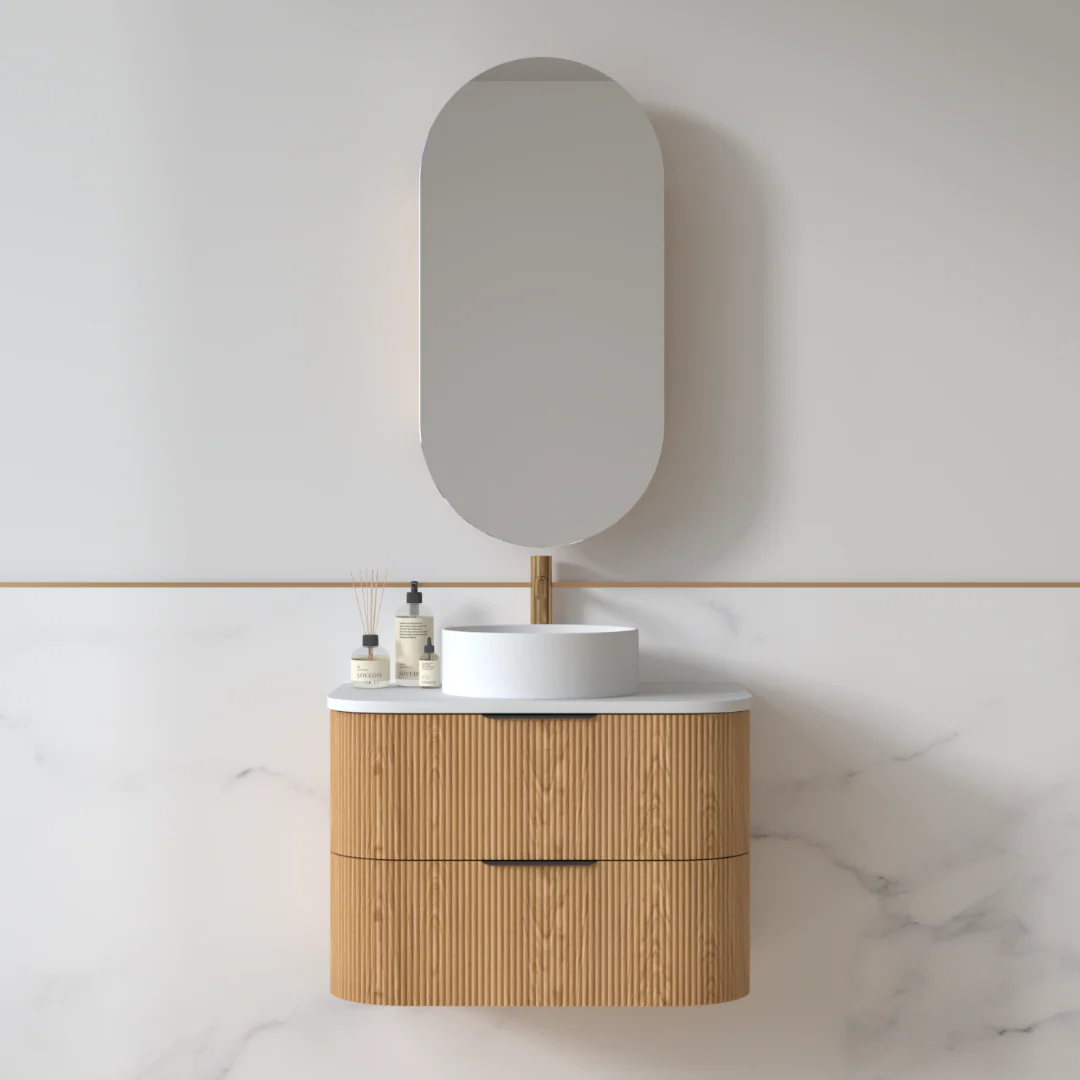 Lunara 750 Curved Light Walnut Fluted Wall Hung Vanity