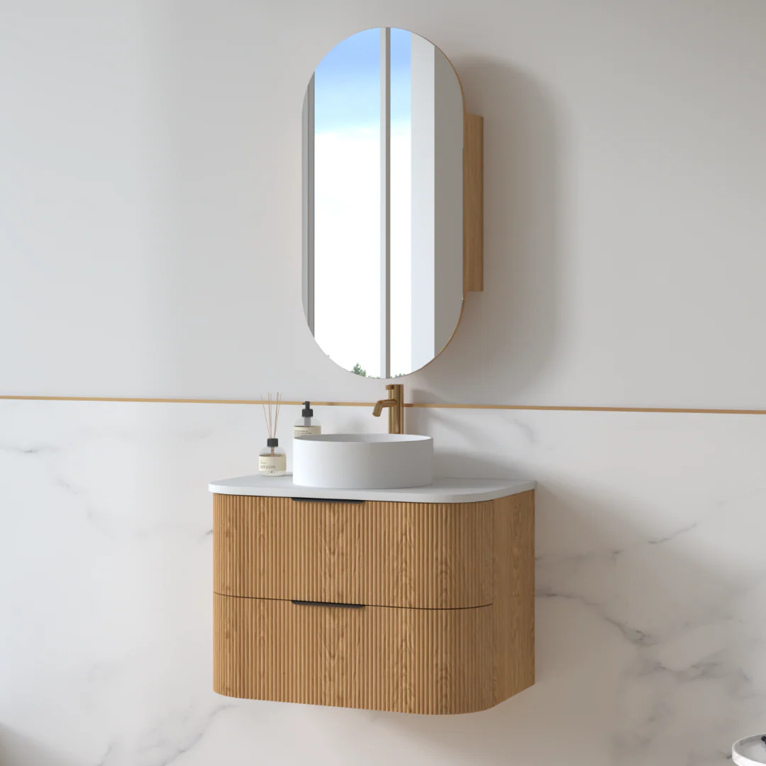 Lunara 750 Curved Light Walnut Fluted Wall Hung Vanity - Image 2