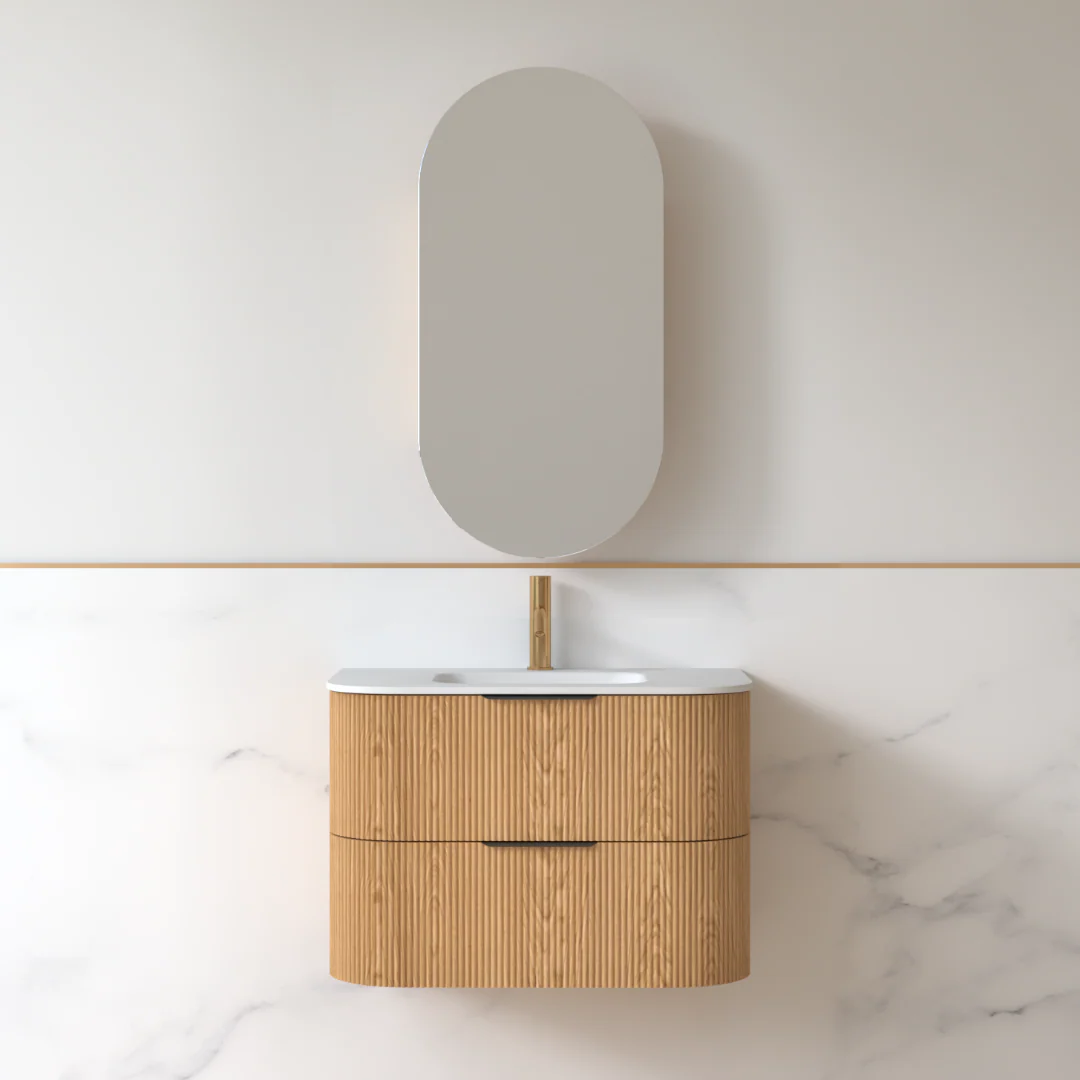 Lunara 750 Curved Light Walnut Fluted Wall Hung Vanity - Image 3