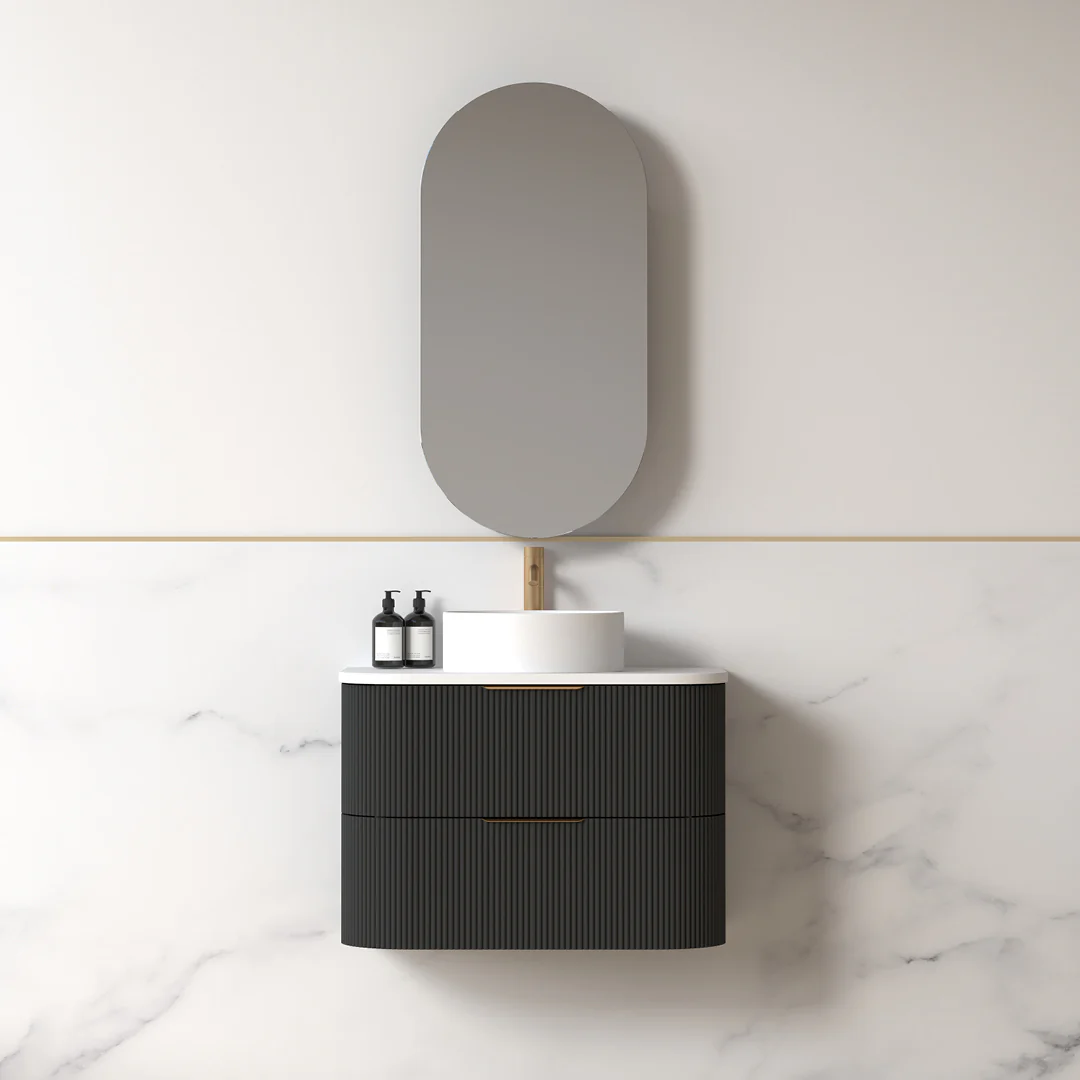 Lunara 750 Curved Matte Black Fluted Wall Hung Vanity