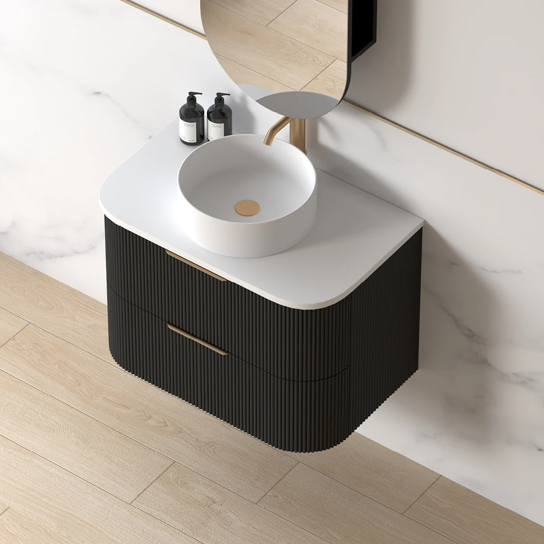 Lunara 750 Curved Matte Black Fluted Wall Hung Vanity - Image 2