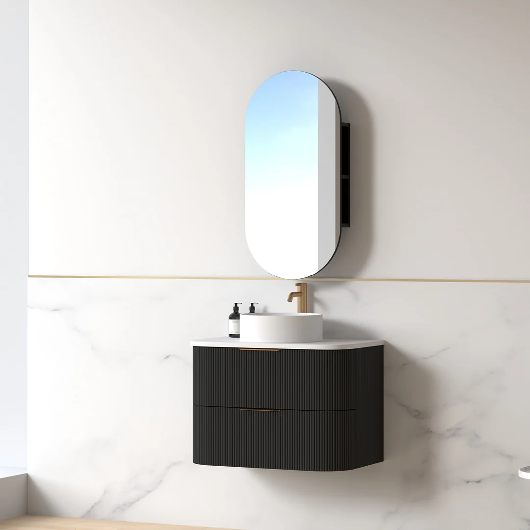 Lunara 750 Curved Matte Black Fluted Wall Hung Vanity - Image 3