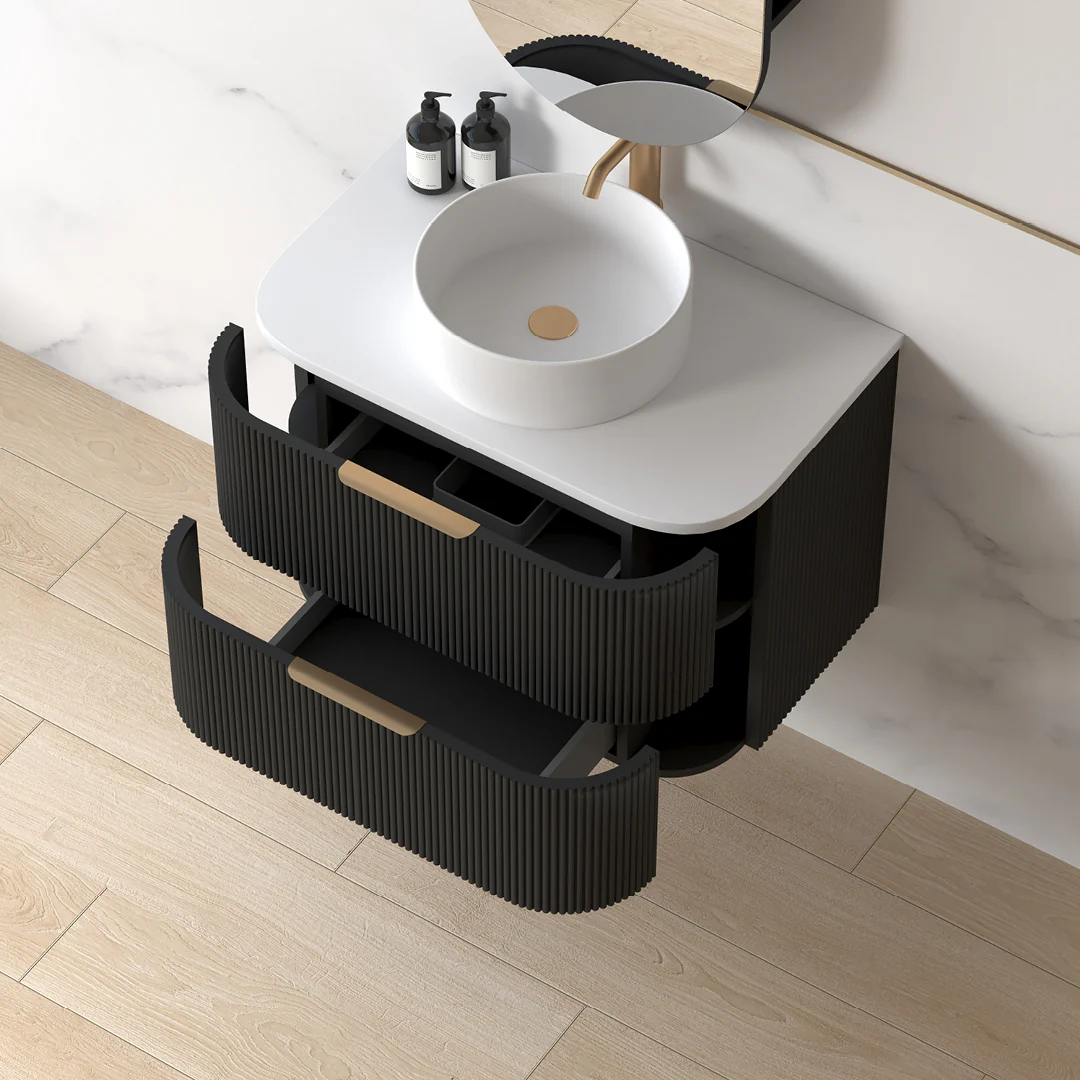 Lunara 750 Curved Matte Black Fluted Wall Hung Vanity - Image 4