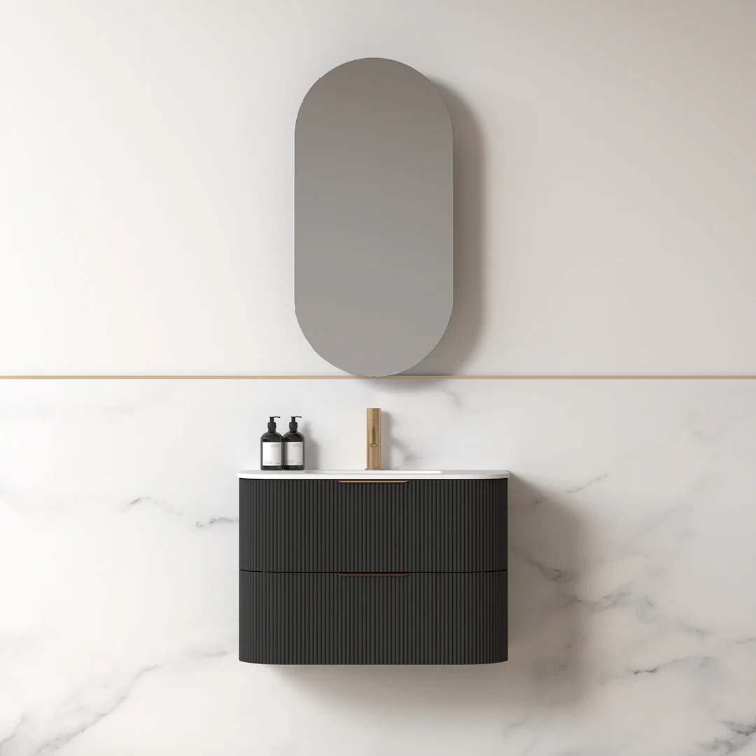 Lunara 750 Curved Matte Black Fluted Wall Hung Vanity - Image 5