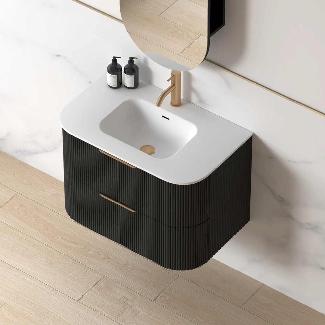 Lunara 750 Curved Matte Black Fluted Wall Hung Vanity - Image 6