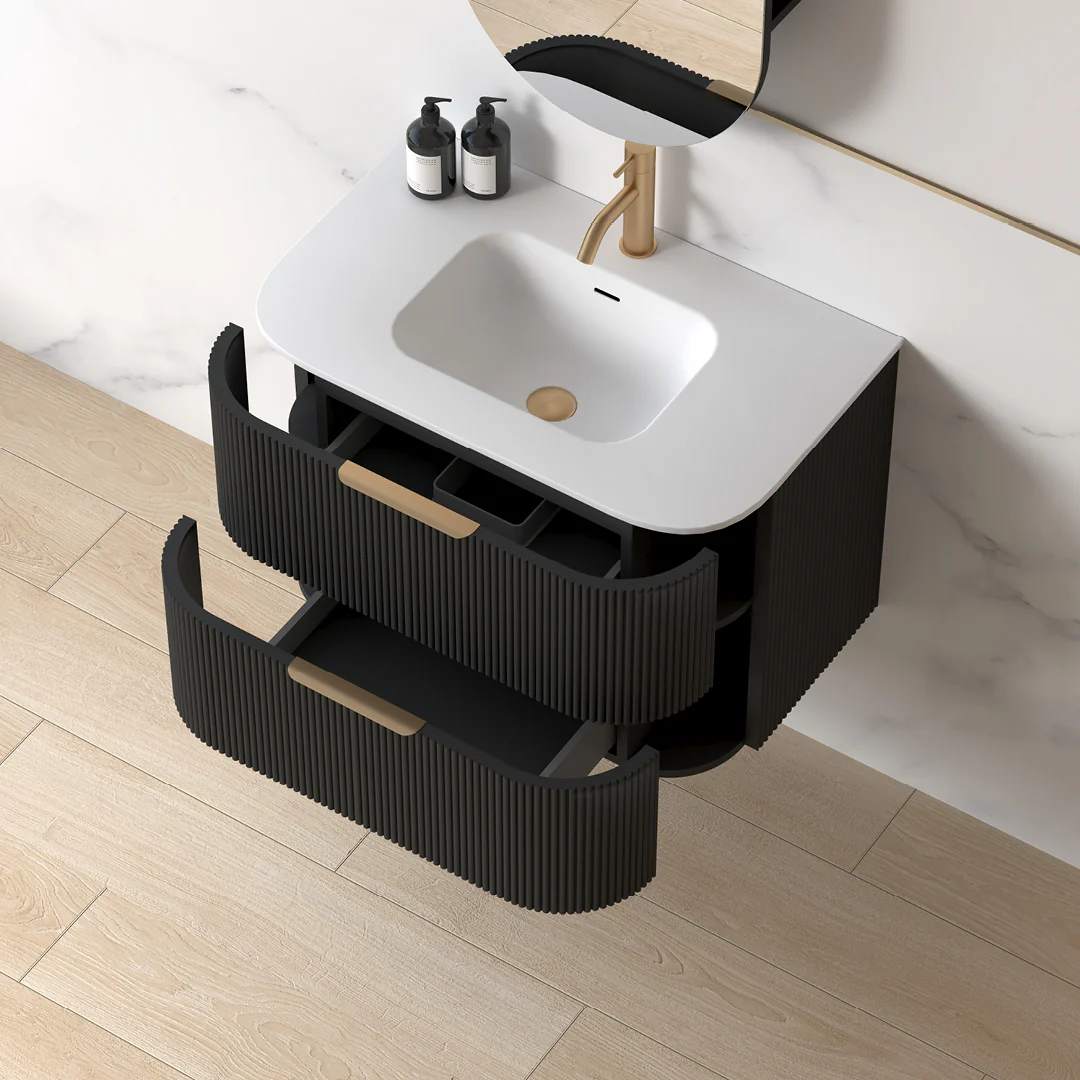 Lunara 750 Curved Matte Black Fluted Wall Hung Vanity - Image 7