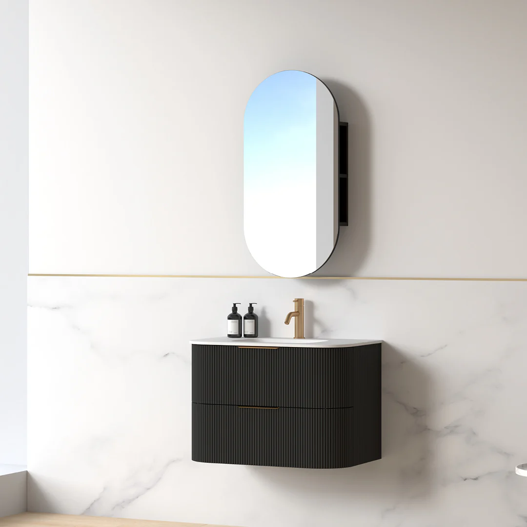 Lunara 750 Curved Matte Black Fluted Wall Hung Vanity - Image 8