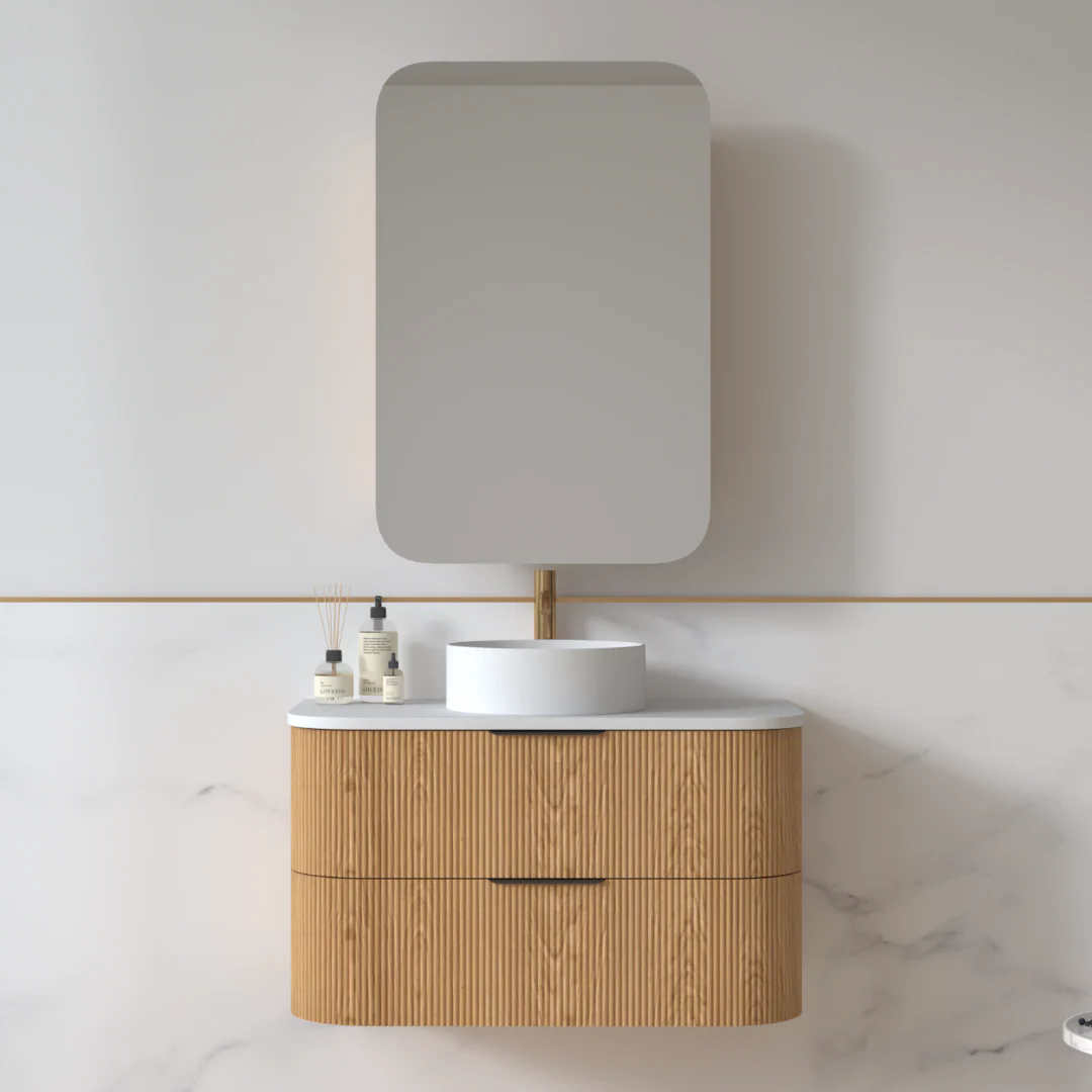 Lunara 900 Curved Light Walnut Fluted Wall Hung Vanity
