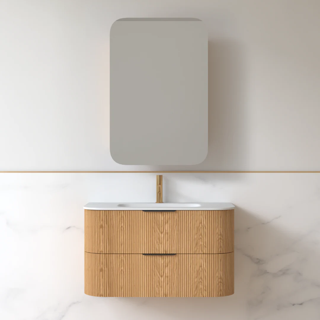 Lunara 900 Curved Light Walnut Fluted Wall Hung Vanity - Image 3