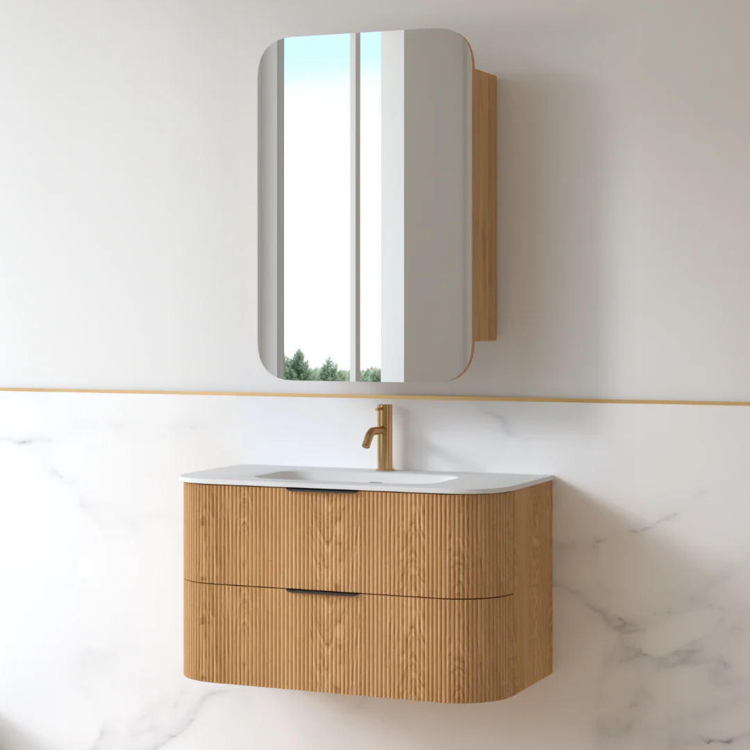 Lunara 900 Curved Light Walnut Fluted Wall Hung Vanity - Image 4