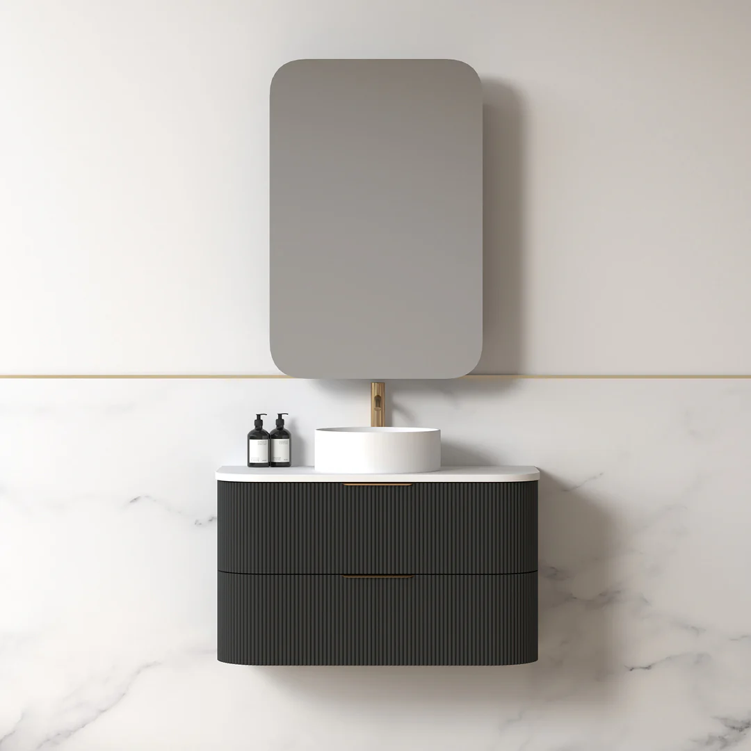 Lunara 900 Curved Matte Black Fluted Wall Hung Vanity
