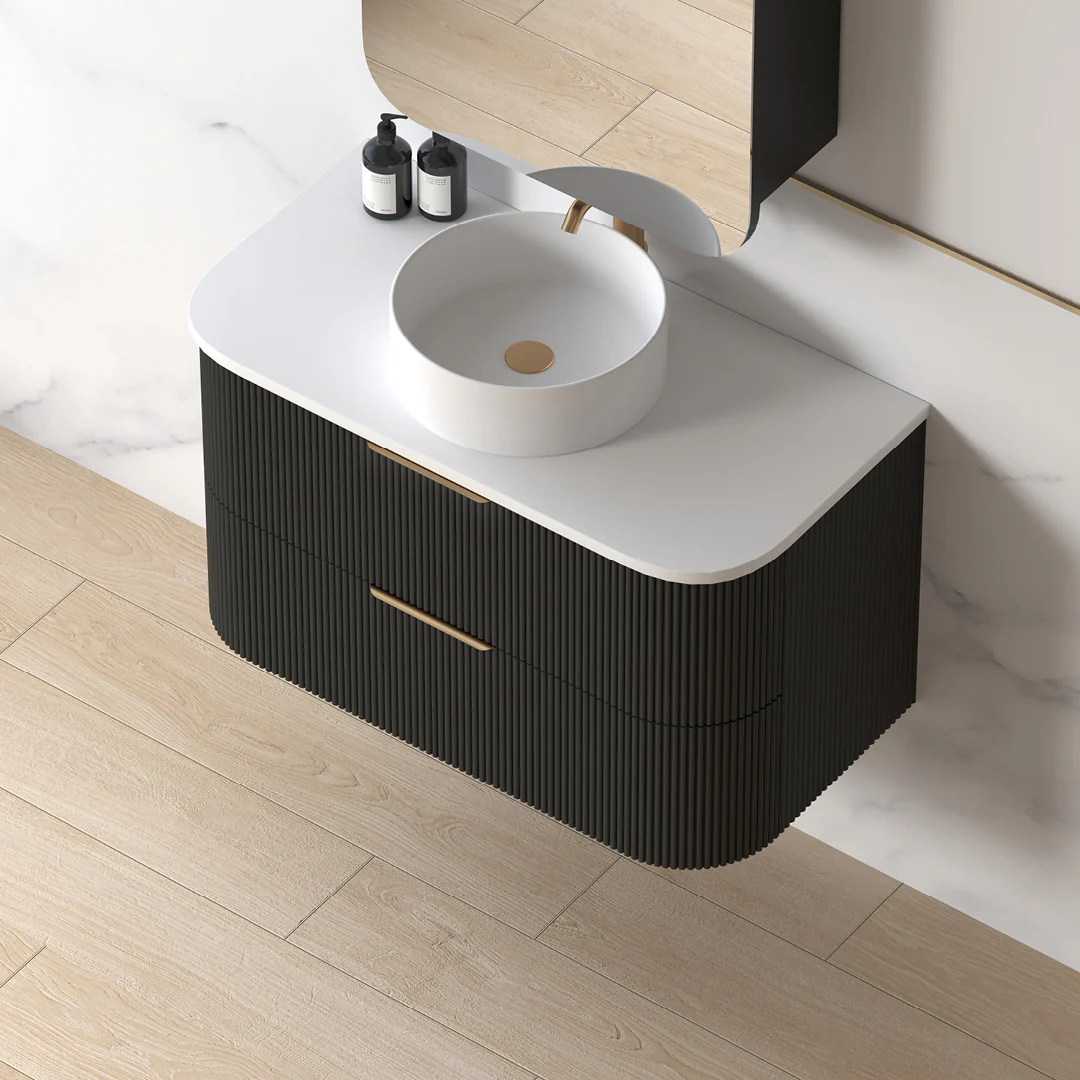 Lunara 900 Curved Matte Black Fluted Wall Hung Vanity - Image 2